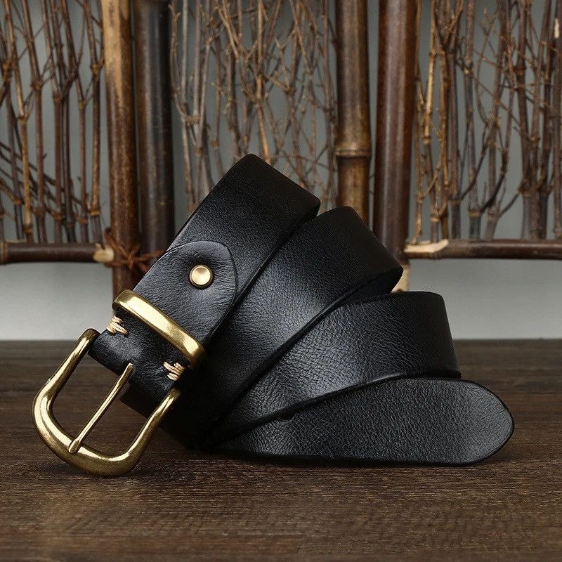 Leather × Vintage Cowhide Genuine Leather High Quality Jean Brass Buckle Belts Size ONE SIZE - 3 Thumbnail
