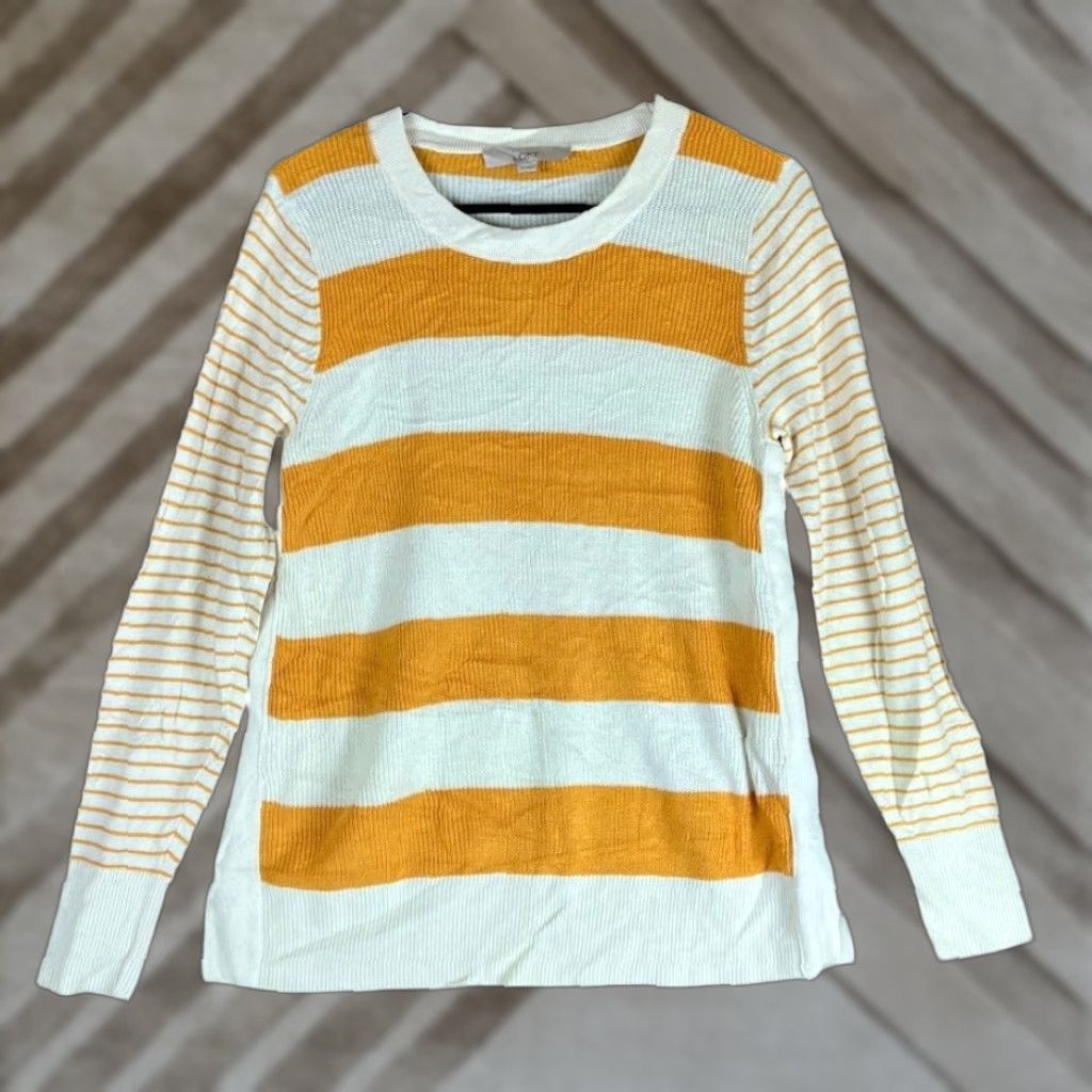 Loft LOFT Womens Sweater White Yellow Striped Crew Neck Long Sleeve Medium Size M / US 6-8 / IT 42-44 - 1 Thumbnail