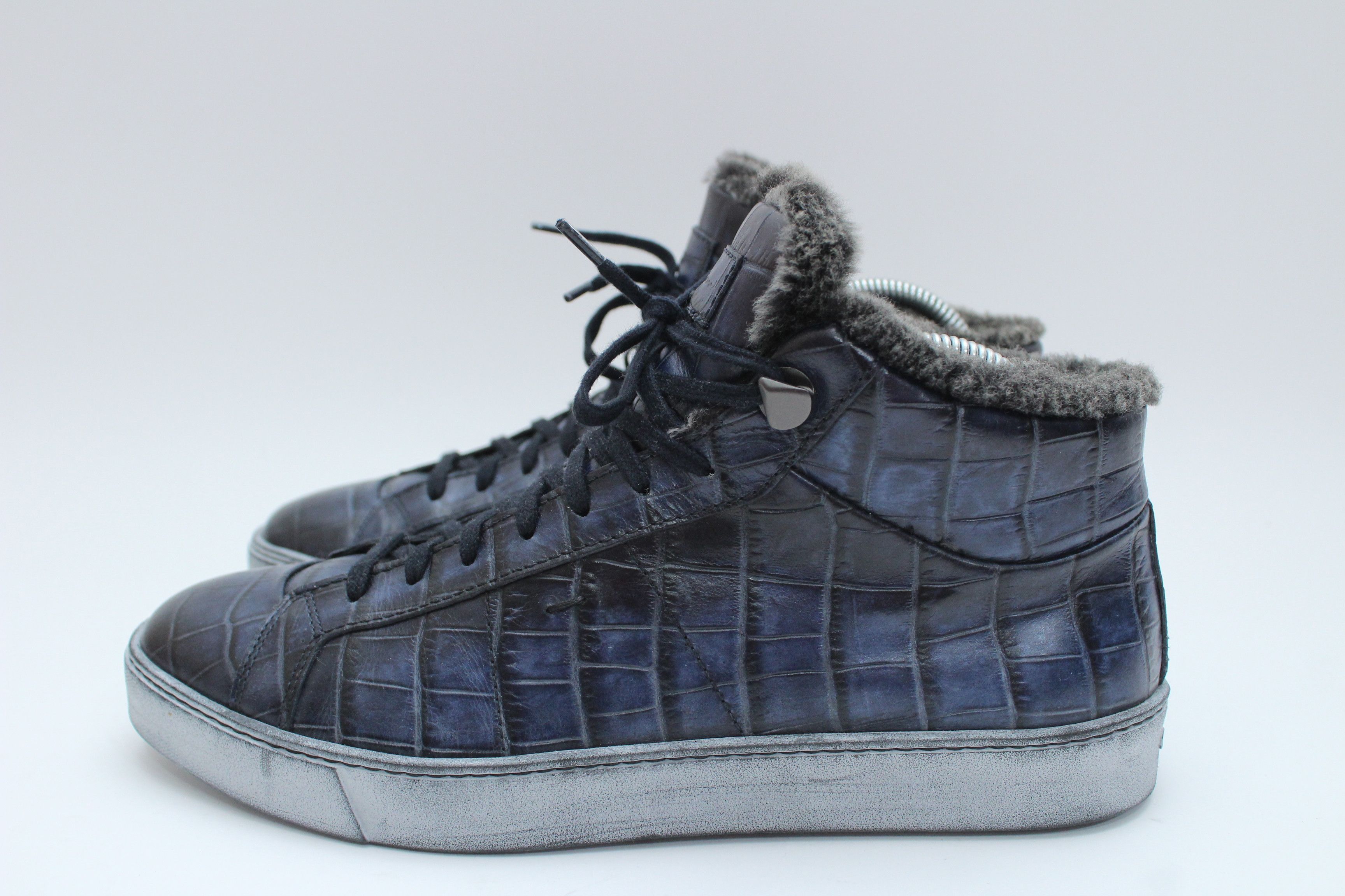 Santoni Santoni Navy Crocodile Embossed Leather Fur Lined Sneakers Size US 8 / EU 41 - 10 Thumbnail
