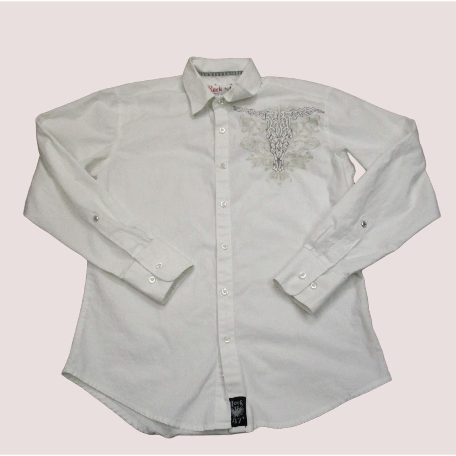 Wrangler Wrangler Rock 47 Shirt Men Medium White Embroidered Western Cowboy Rock 47 Theme, Button-Up, Long Sleeve, Cotton, Solid Pattern, Casual Mens Shirt Size US M / EU 48-50 / 2 - 1 Thumbnail