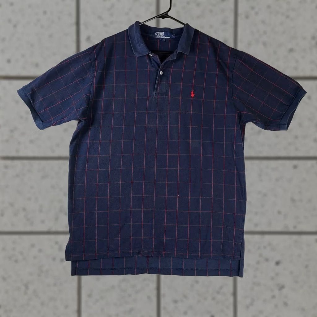 Polo Ralph Lauren Polo Ralph Lauren Polo Shirt Men XL Navy Red Windowpane Grid Cotton Knit Short Sleeve Collared Logo USA Size US XL / EU 56 / 4 - 1 Thumbnail