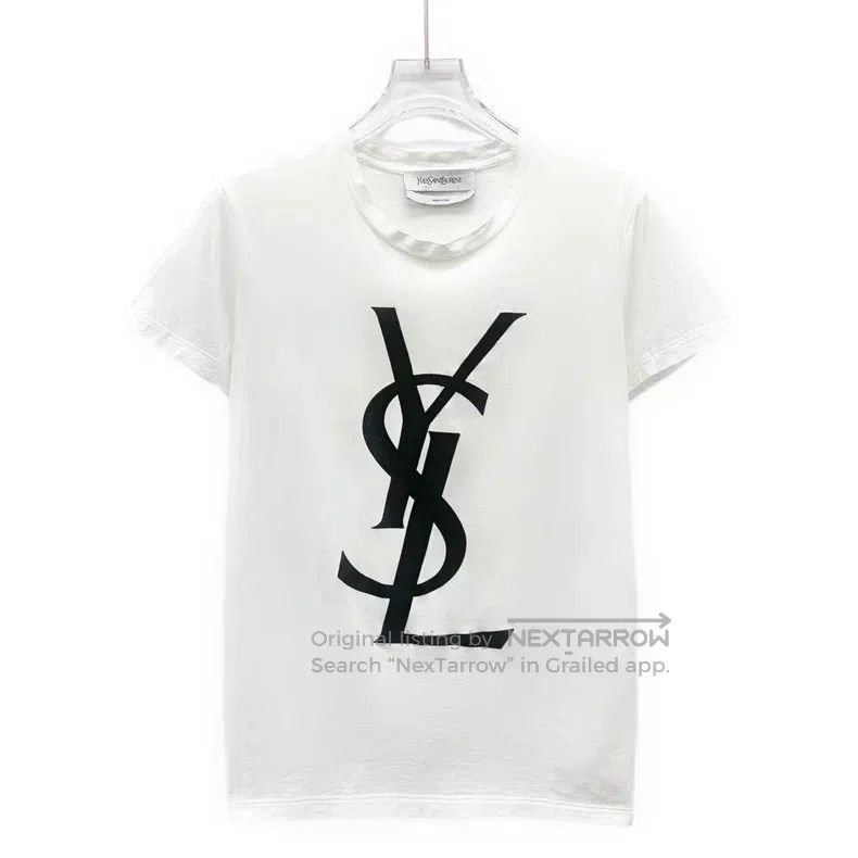 Saint Laurent Paris White Logo Printed Cotton Crew Neck Sh