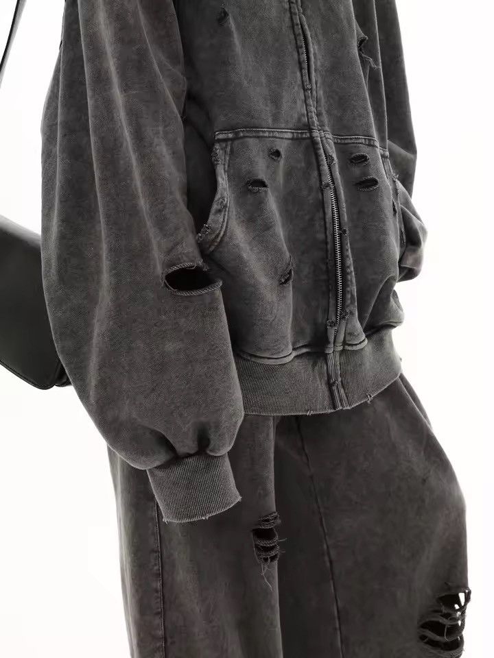 Other Washed Black Ripped Distressed Zip Up Sweatshirt Hoodie Size US L / EU 52-54 / 3 - 5 Thumbnail