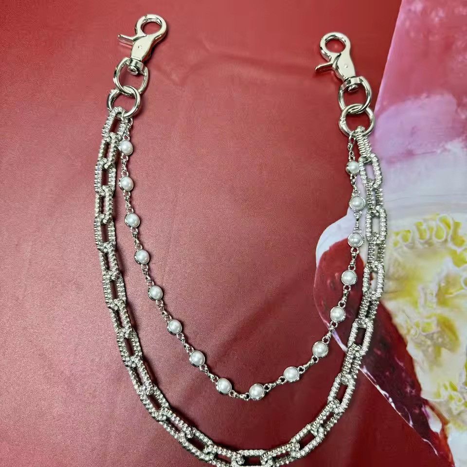 Jewelry Rhinestone Double Layer Pearl Wallet Chain, Belt Pants Chain Size ONE SIZE - 4 Thumbnail