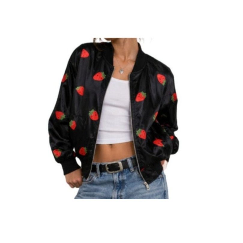 Other Strawberry Appliqué Black Bomber Jacket Lightweight Cropped Size S / US 4 / IT 40 - 1 Thumbnail