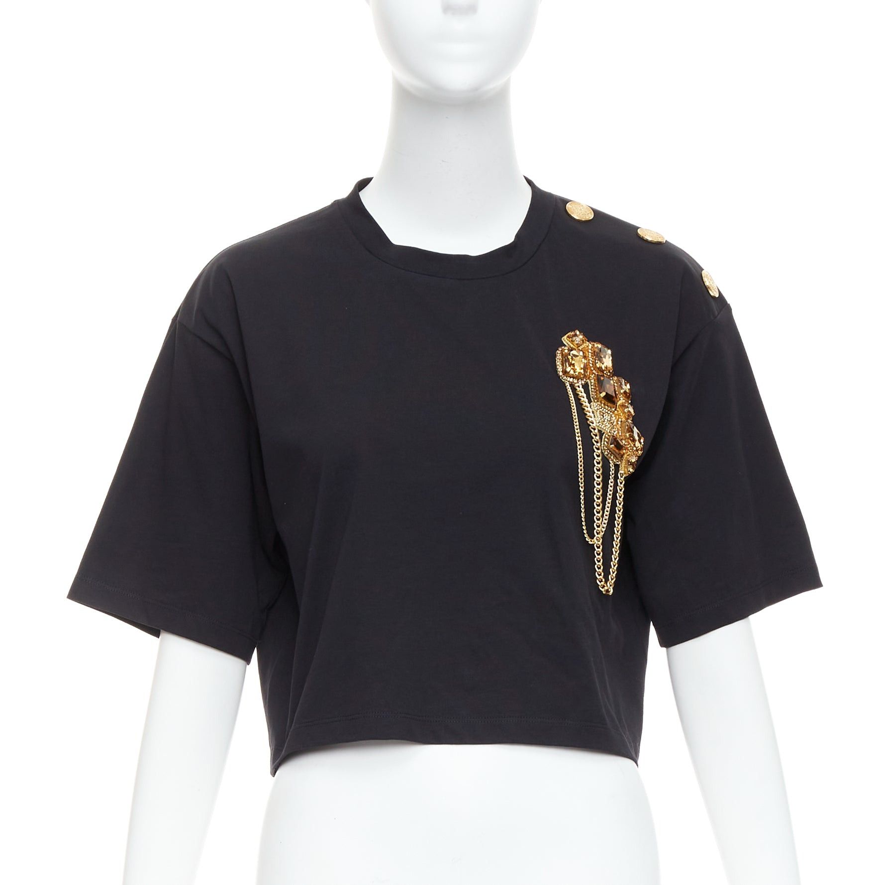 Balmain BALMAIN gold buttons chain embellished brooch black cotton crop tshirt XS Size S / US 4 / IT 40 - 1 Thumbnail
