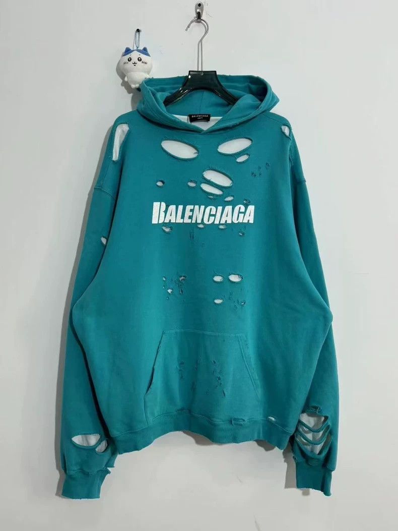 Balenciaga Balenciaga Lake Green Big Ripped Hoodie 2501-Nextarrow Size US S / EU 44-46 / 1 - 1 Thumbnail