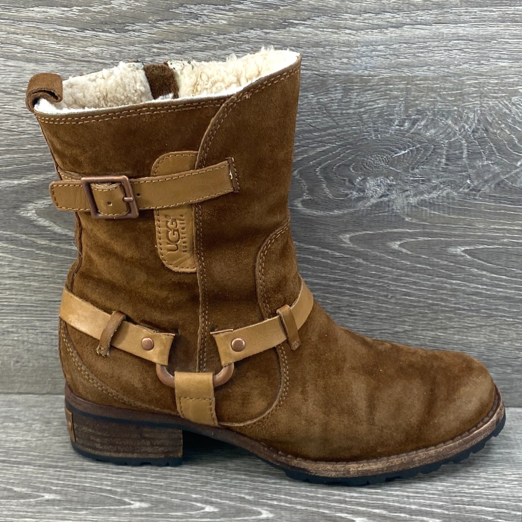 Ugg UGG Womens 6.5 Biker Boots Motorcycle Brown Suede Leather Endell Harness Shearling Size US 5 / IT 35 - 2 Thumbnail