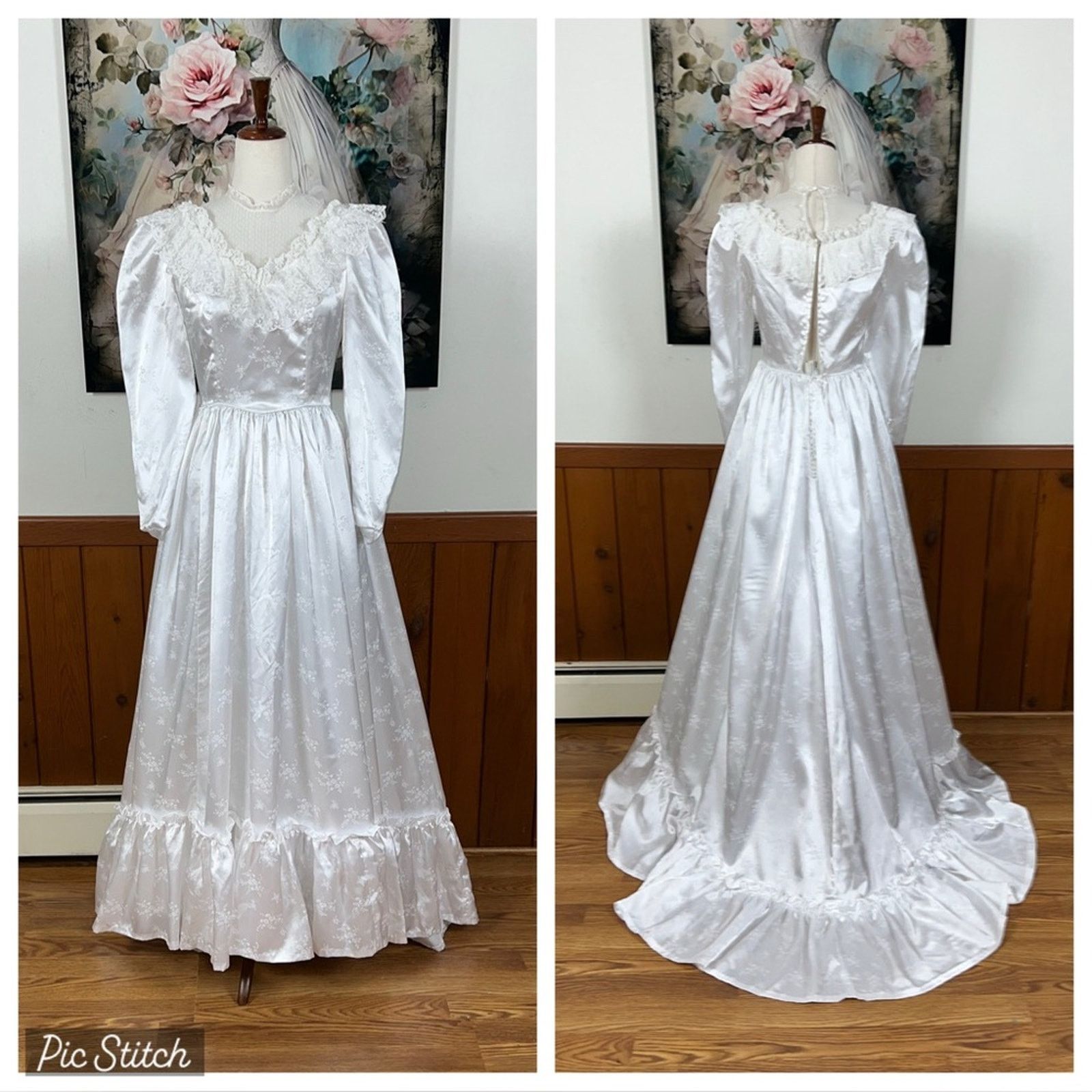 Vintage Pretty Vintage 1970s White Embossed Satin Wedding Gown! Size M / US 6-8 / IT 42-44 - 1 Thumbnail