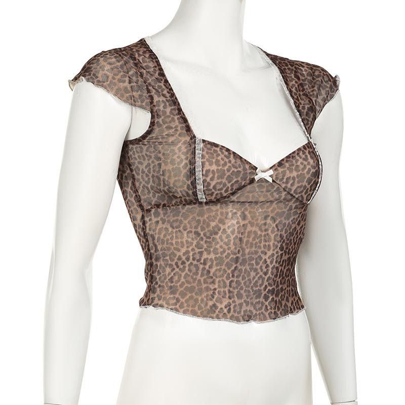 Vintage Leopard Print Lettuce Trim Semi-sheer Tulle Crop Tee Size M / US 6-8 / IT 42-44 - 2 Thumbnail