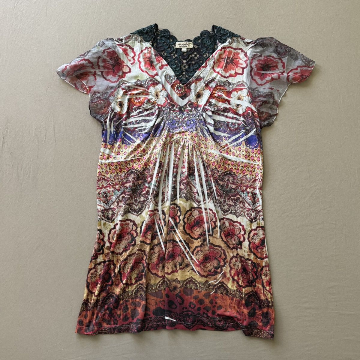Other Y2K One World Lace Trim Flutter Sleeve Multi Pattern Top Size XL / US 12-14 / IT 48-50 - 1 Thumbnail