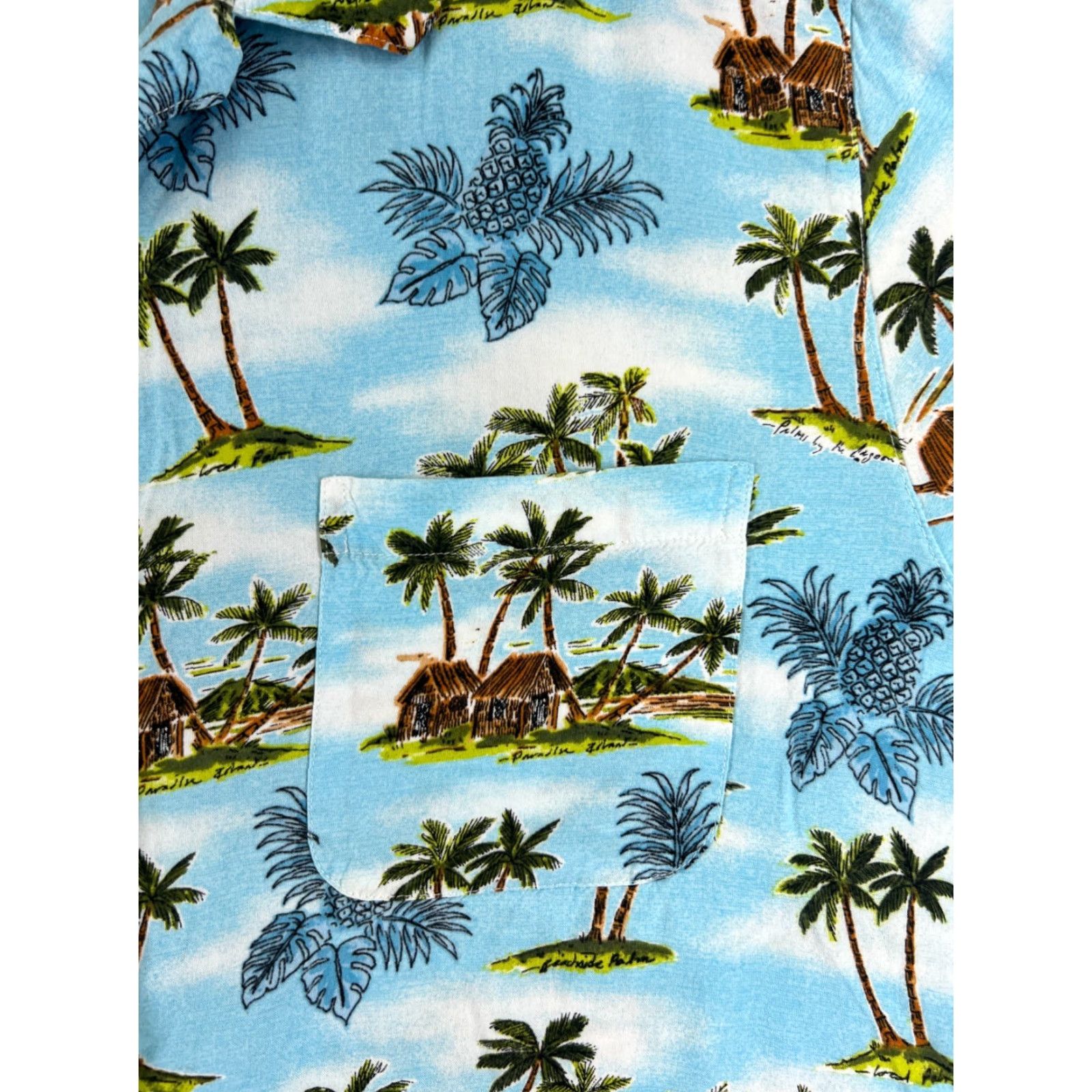 George George Hawaiian Shirt Adult 2XL Blue Pineapple Hut Palm Print 100% Rayon Floral Button-Up Short Sleeve Viscose Casual Mens Satin? Wait no. Size US XXL / EU 58 / 5 - 6 Thumbnail