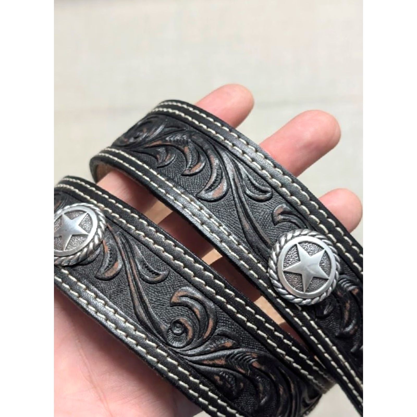 Vintage VINTAGE Nocona belt Western Leather 1-1/2" Buckle Concho Tooled 46 Men USA Brown Leather Western Belt Mens 46 TX Lone Star Concho Tooled 90s Size 46 - 2 Thumbnail