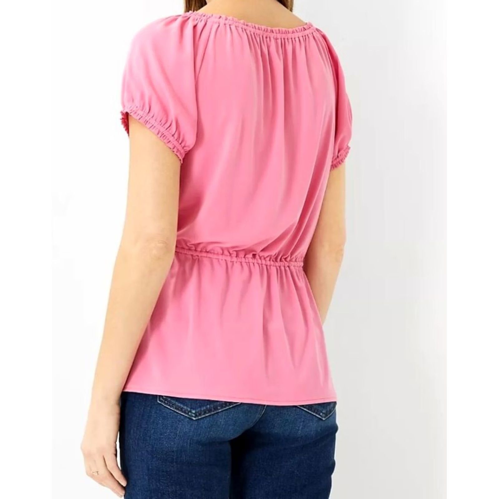 Ann Taylor Ann Taylor Petite Blouse Pink PL Mixed Media Tie Waist Top Womens Size L / US 10 / IT 46 - 2 Thumbnail