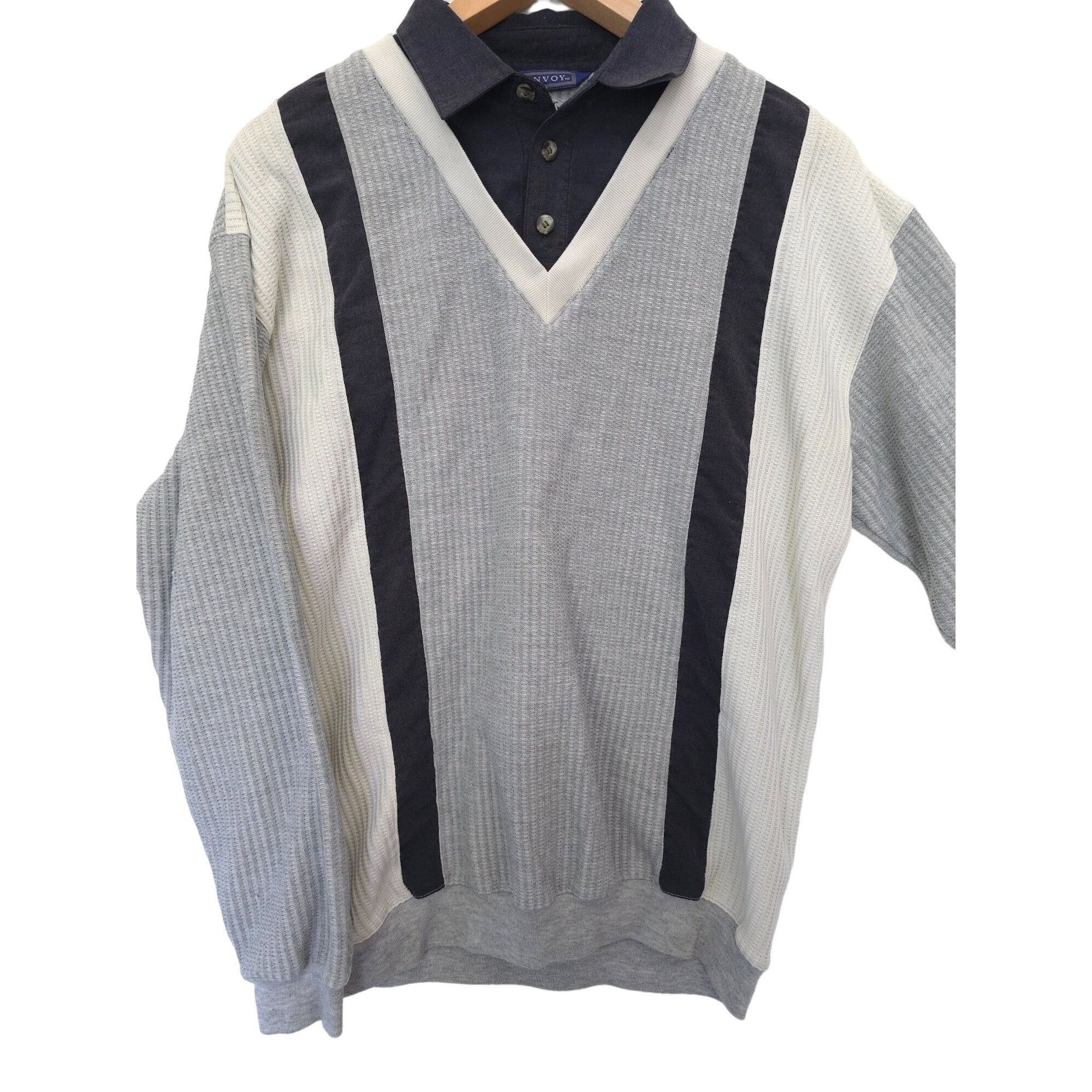 Vintage Envoy Mens Medium Gray & Navy V-Neck Button-Up Cardigan Swea Size US M / EU 48-50 / 2 - 1 Thumbnail