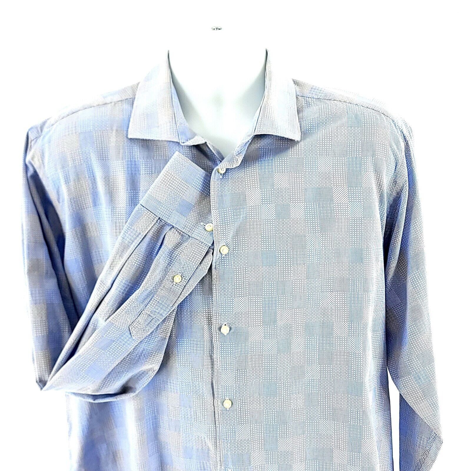 Designer Thomas Dean XL Blue Beige Patchwork Textured Cotton Collared Size US XL / EU 56 / 4 - 1 Thumbnail