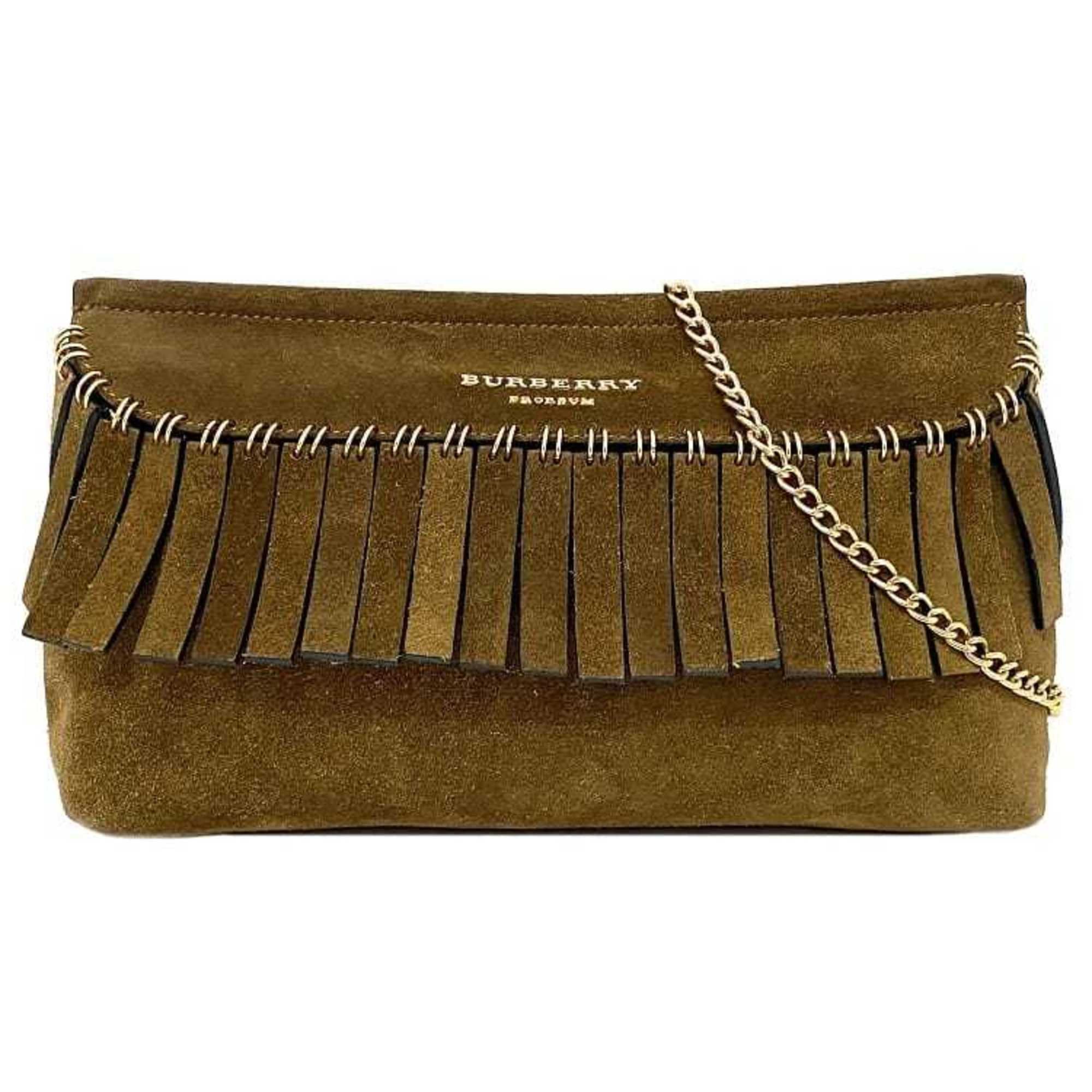 image of Burberry Chain Brown Shoulder Bag Suede Burberry Flap 2Way Clutch Ladies Compact, Women's