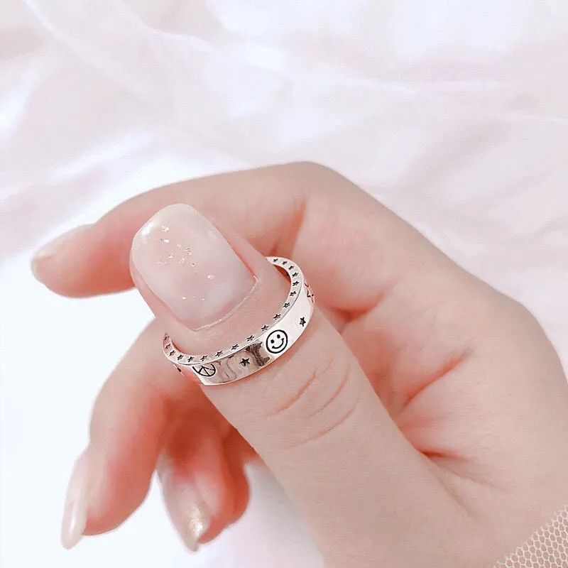 Jewelry × Vintage Smiley Moon & Stars Ring Retro Adjustable Size ONE SIZE - 4 Thumbnail