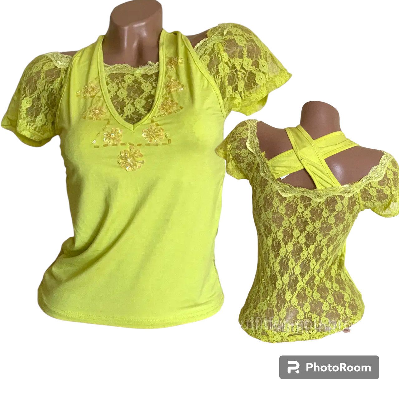 Japanese Brand Womens yellow lace tshirt sz S flowers sequins beads Size S / US 4 / IT 40 - 1 Preview