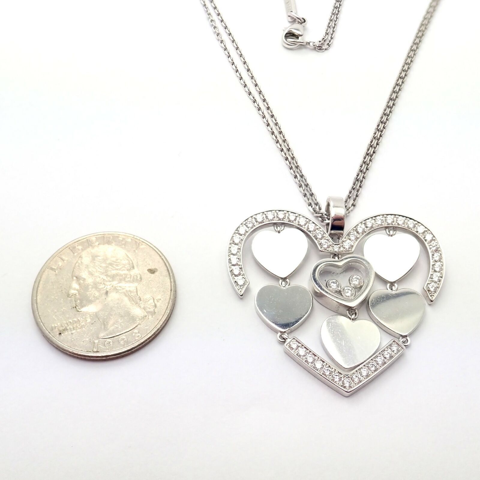 18k White Gold Large Double Happy Hearts Diamond Necklace