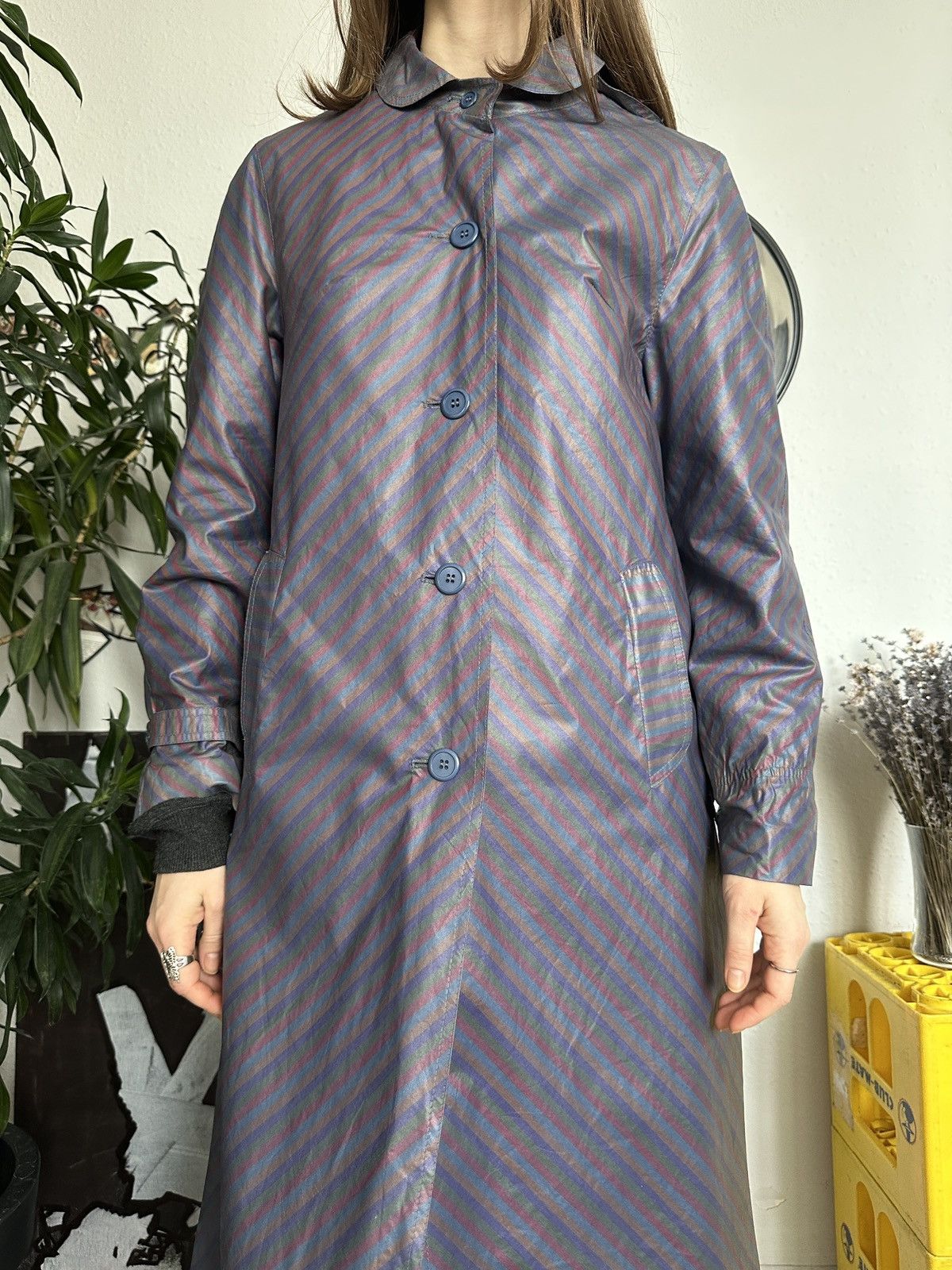 Japanese Brand × Vintage Striped Waterproof Rain Trench Hooded Coat 80s Size XS / US 0-2 / IT 36-38 - 5 Thumbnail