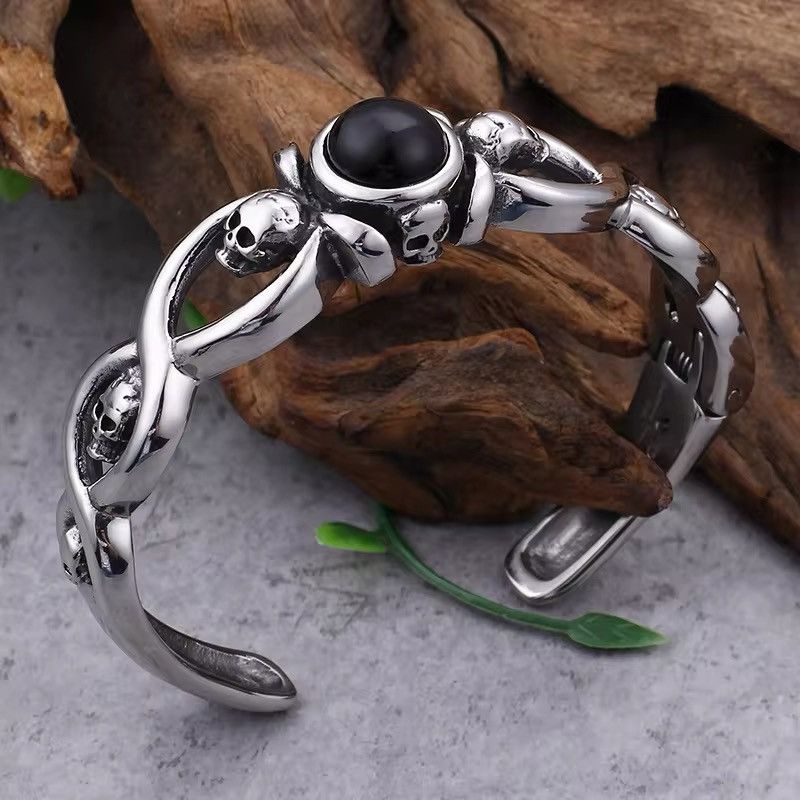 Vintage Stainless Steel Skull Bangle With Black Gemstone Size ONE SIZE - 4 Thumbnail