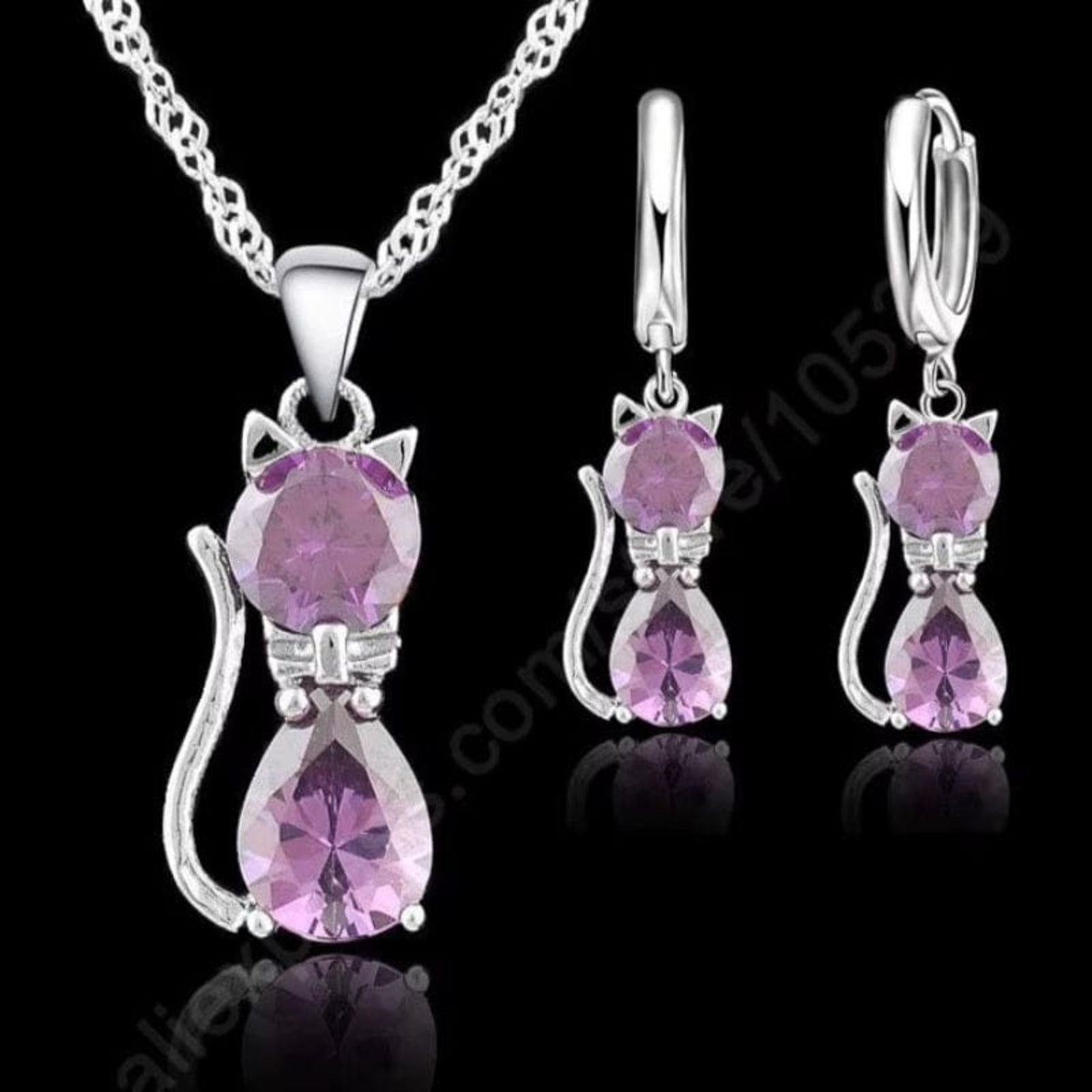 Designer PINK Crystal Cat Silver Necklace Cubic Zirconia Crystal Size ONE SIZE - 4 Thumbnail