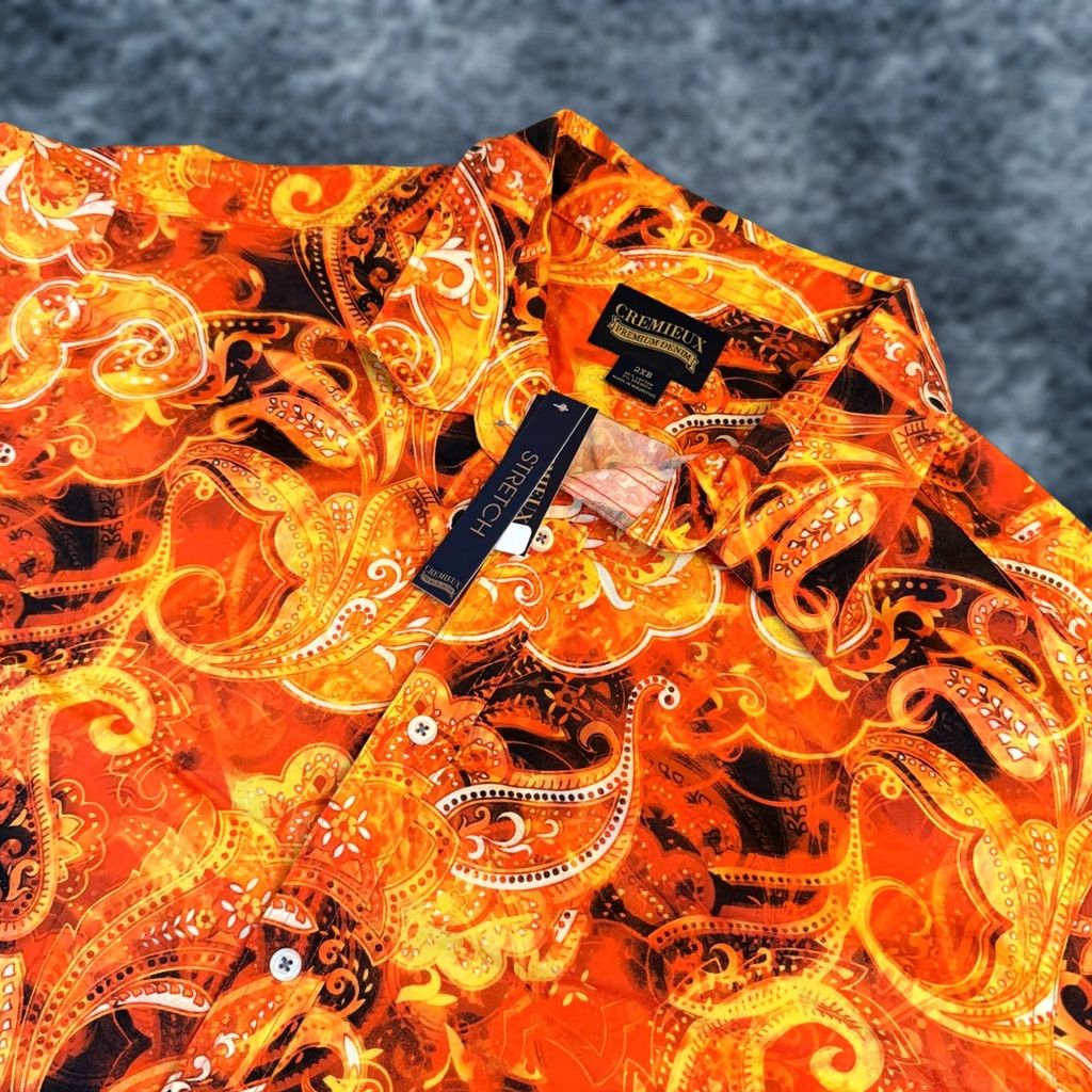 Cremieux Cremieux Premium Denim Button-Up Shirt Mens 2XB Orange Paisley Stretch NWT Big & Tall Casual Short Sleeve Button-Up Shirt Mens Orange Paisley 2XB NWT Size US XXL / EU 58 / 5 - 1 Thumbnail