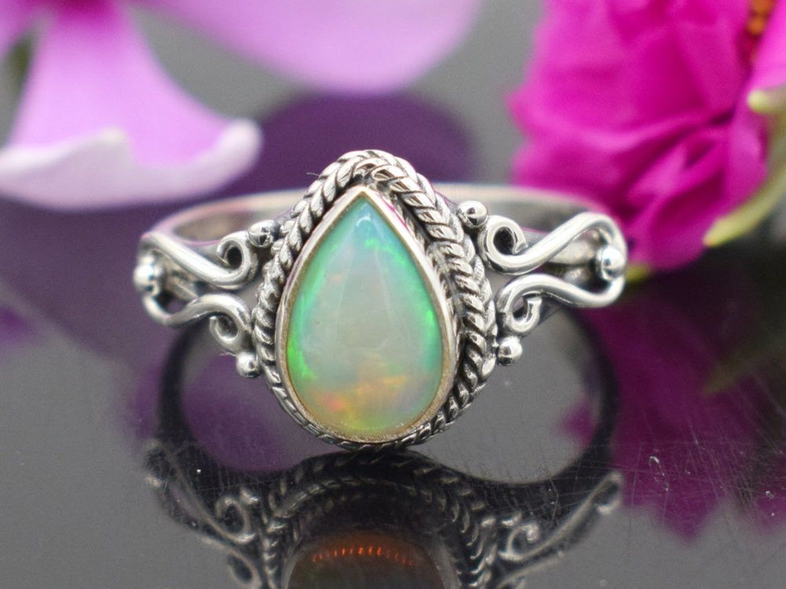 Handmade Ethiopian Opal Ring: Pear-Shaped Gemstone, 925K Silver Size ONE SIZE - 3 Thumbnail