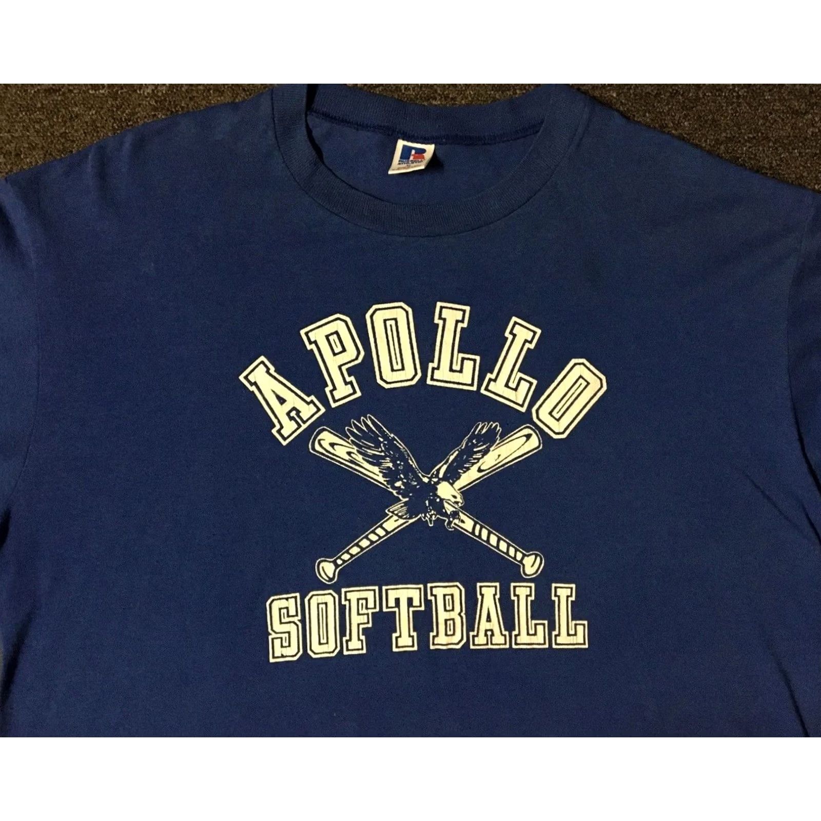 Russell Athletic VINTAGE Russell Athletic Apollo School Softball Shirt XL Blue Long Sleeve Distressed 80s 90s Grunge USA Mens T-Shirt Size US XL / EU 56 / 4 - 5 Thumbnail