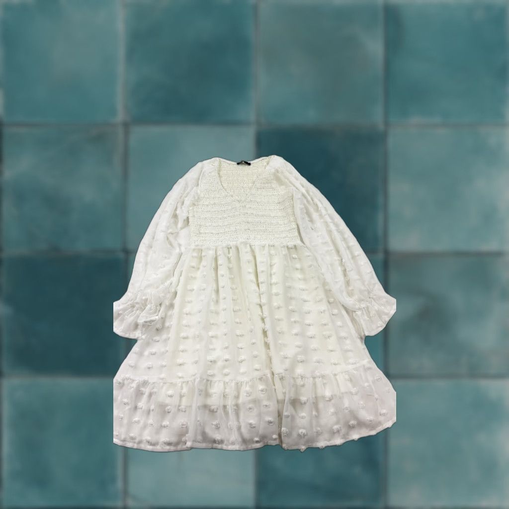 Vintage BTFBM Dress Small White Swiss Dot Smocked Long Sleeve Ruffle Hem  Womens | Grailed