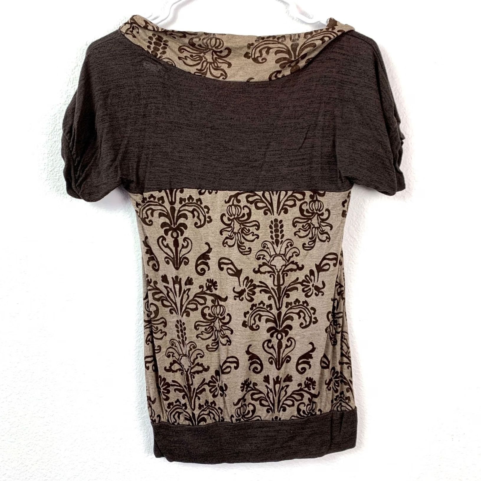 Vintage Y2K Daytrip Damask Cowl Neck Top Womens S Brown Short Sleeve Shirt Twilight Size S / US 4 / IT 40 - 6 Thumbnail