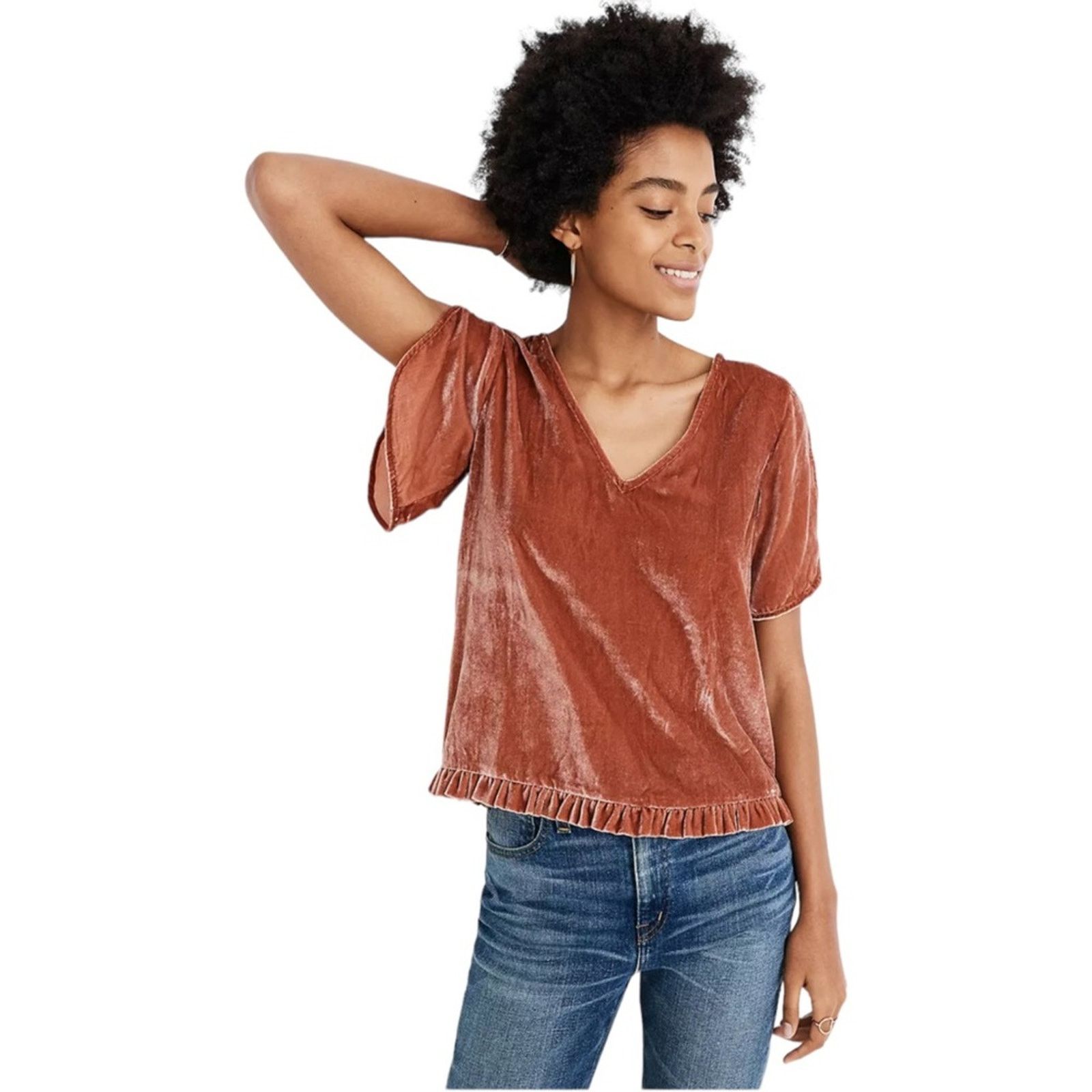 Madewell Madewell Flare Orange Velvet Tulip-Sleeve Ruffle Top XXS Size XXS / US 00 / IT 34 - 1 Thumbnail
