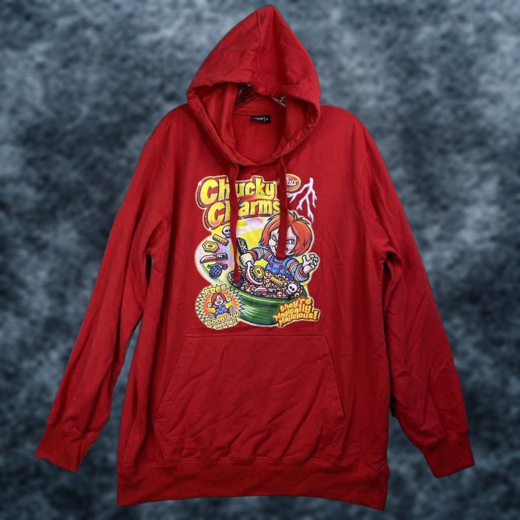 Vintage Chucky Charms Hoodie XL Red Horror Cereal Parody Graphic Hooded Sweatshirt Mens Hoodie XL Chucky Charms Horror Movie Graphic Print Hoodie Size US XL / EU 56 / 4 - 1 Thumbnail