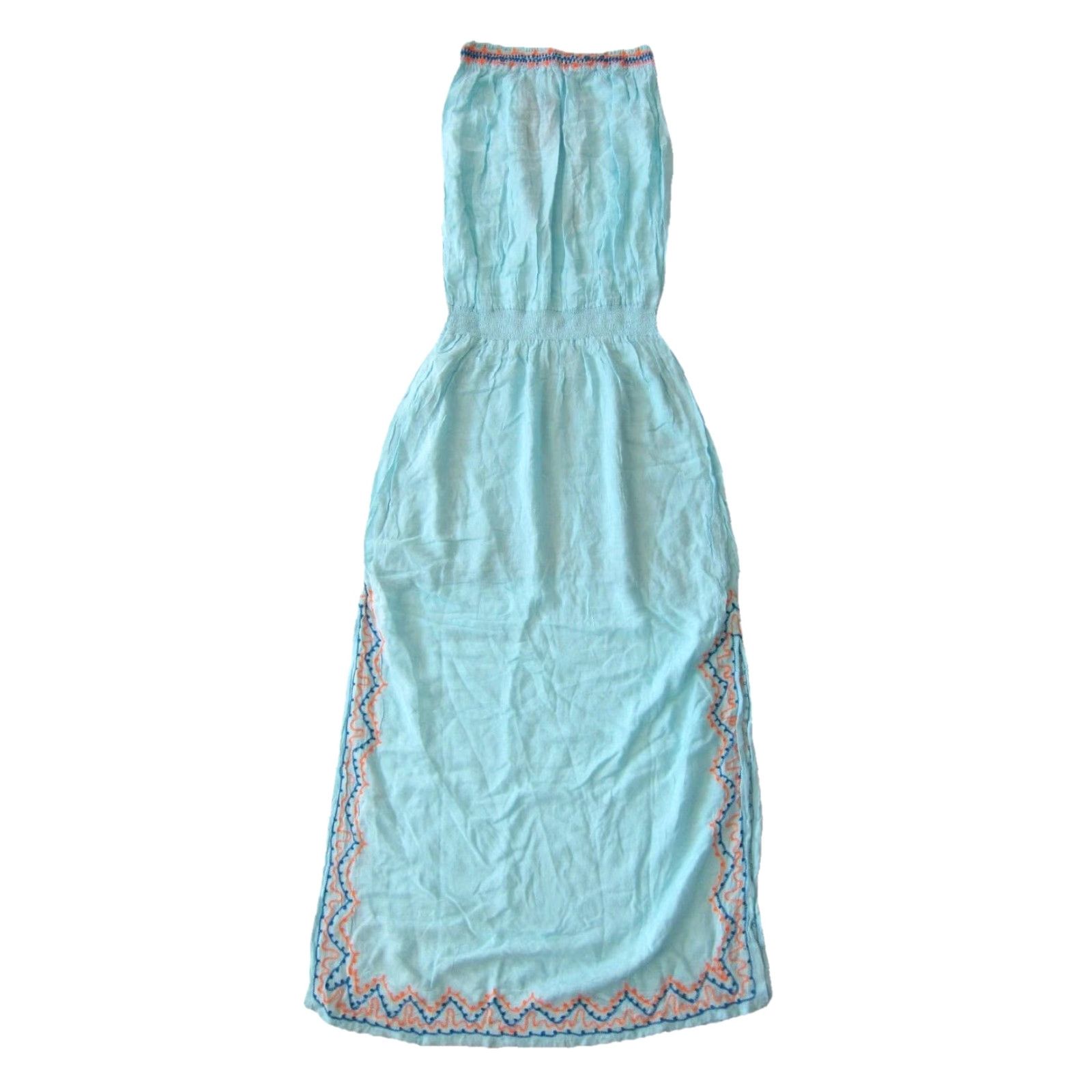 Vintage VINTAGE NWT 7 Islands Rayon Embroidered Strapless Long Maxi Dress Turquoise Orange Large Blue Size L / US 10 / IT 46 - 2 Thumbnail