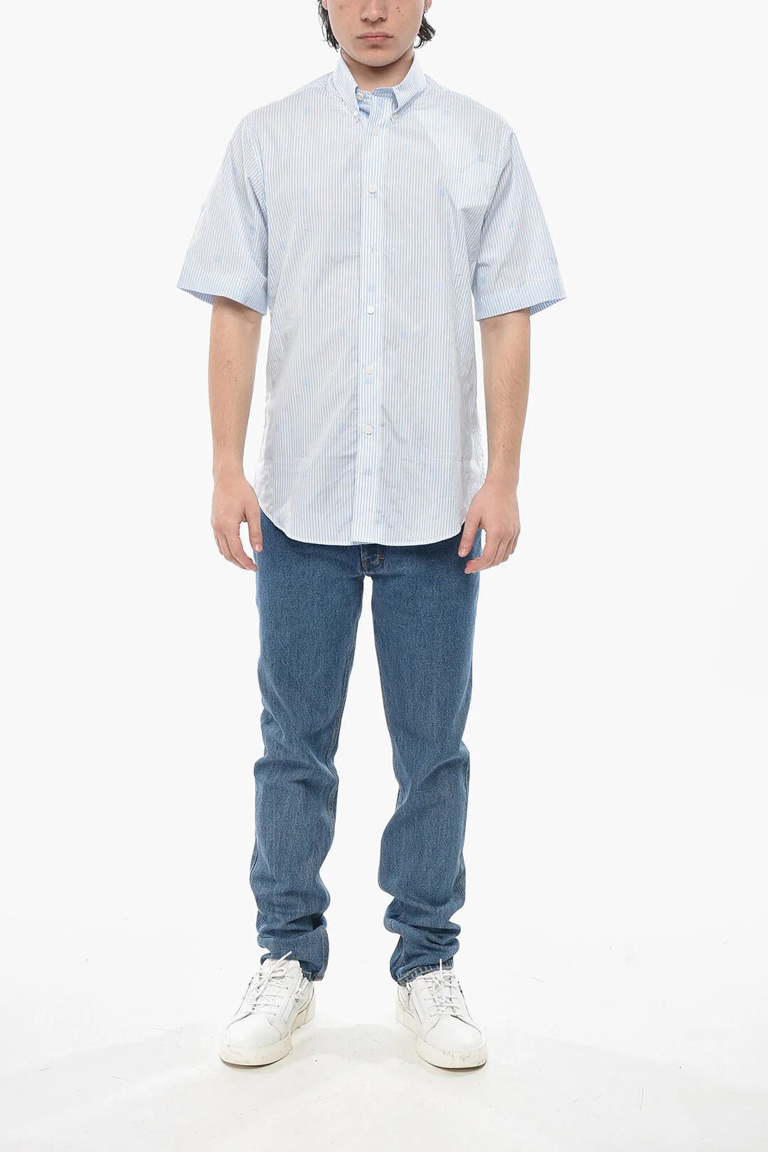 Givenchy og1mm0326 Awning-Print Cotton Button-Down Shirt Light Blue Size US S / EU 44-46 / 1 - 4 Thumbnail