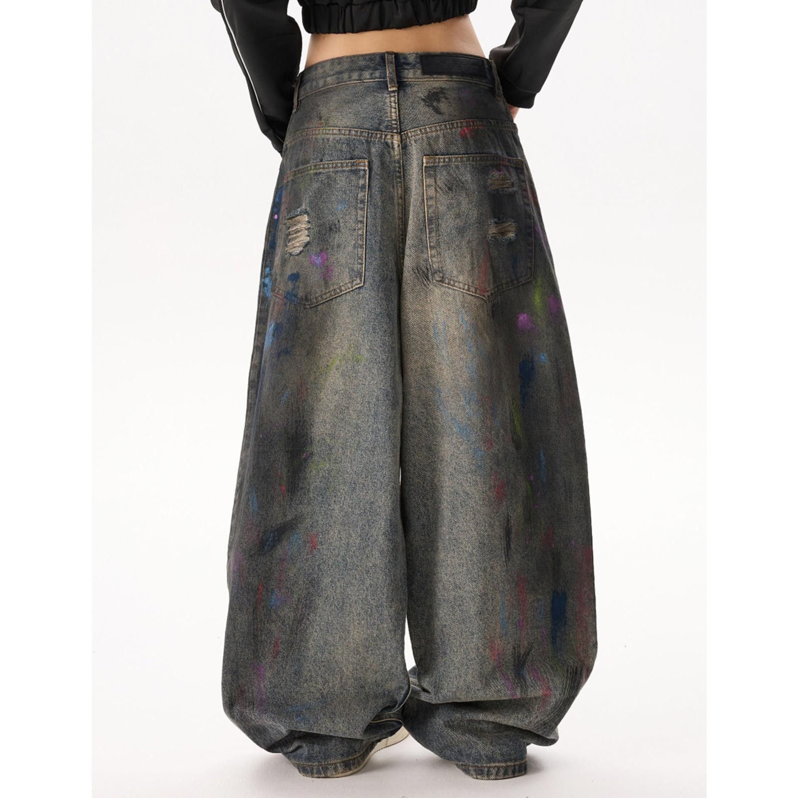 Japanese Brand Paint-Splattered Baggy Wide Leg Jeans, Oversized Denim Size 32" / US 10 / IT 46 - 4 Thumbnail