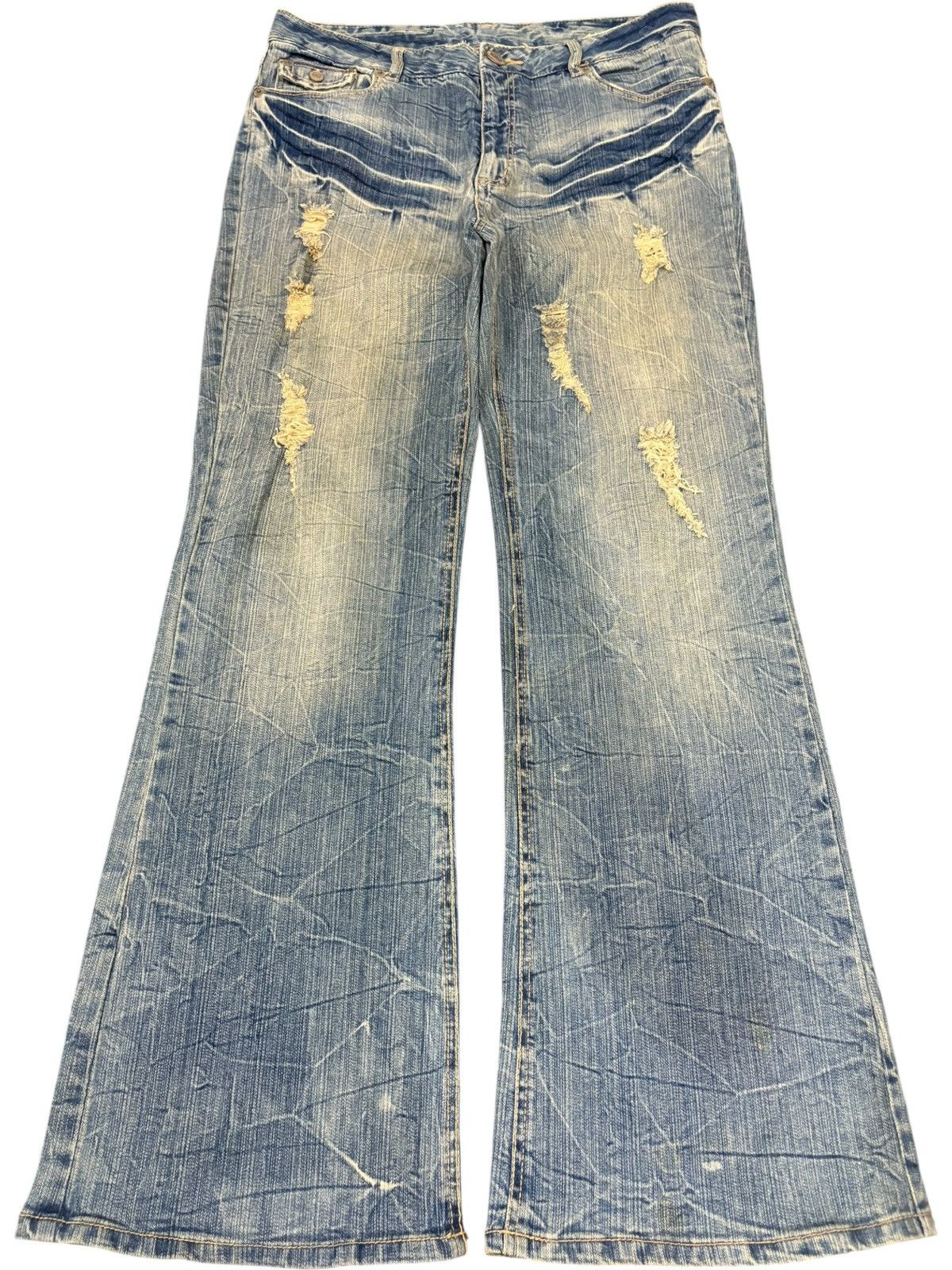 Yoshiyuki Konishi Vintage Japanese Brand Crack Wash Distressed Flare Jeans Size 34" / US 12 / IT 48 - 1 Thumbnail