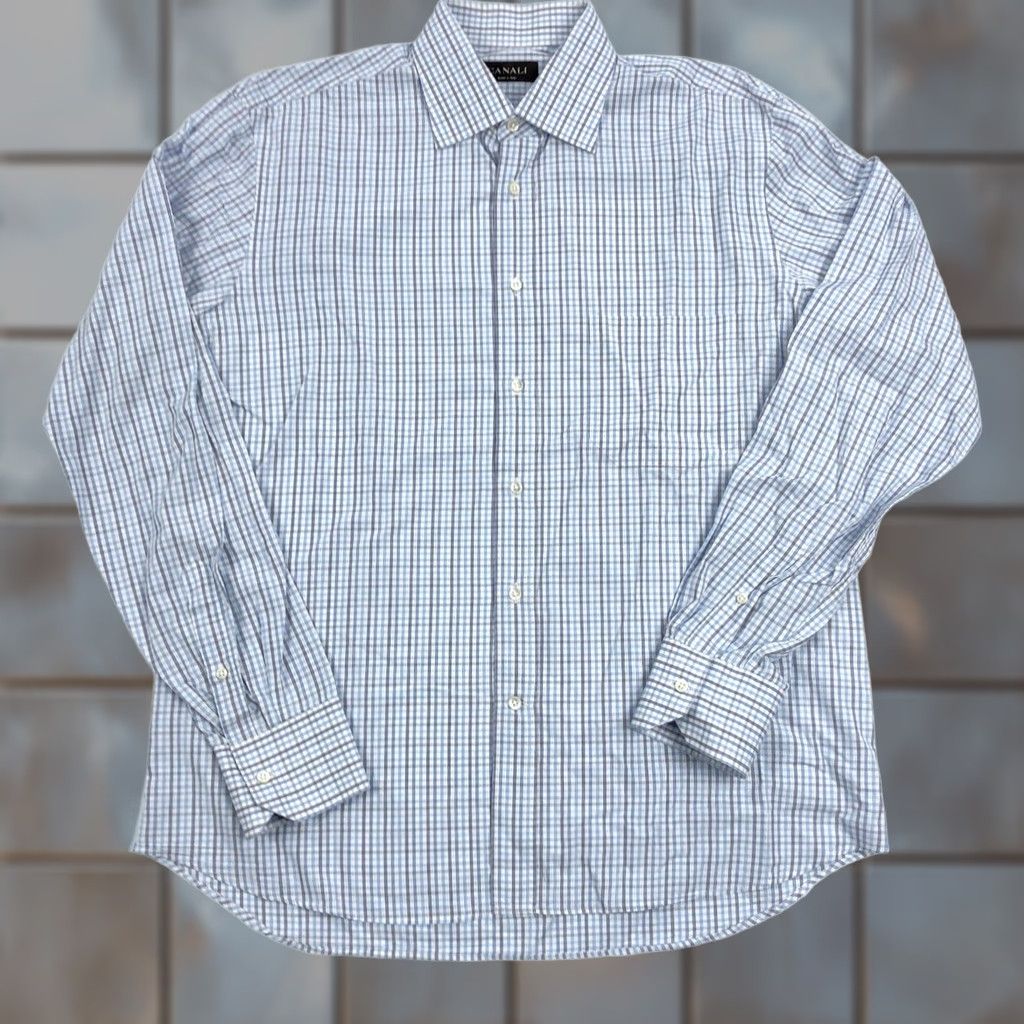 Canali Canali Dress Shirt 16 41 Blue Gray Gingham Long Sleeve Button Collar Men’s 100 Cotton Made in Italy Regular Fit Size 42R - 1 Thumbnail
