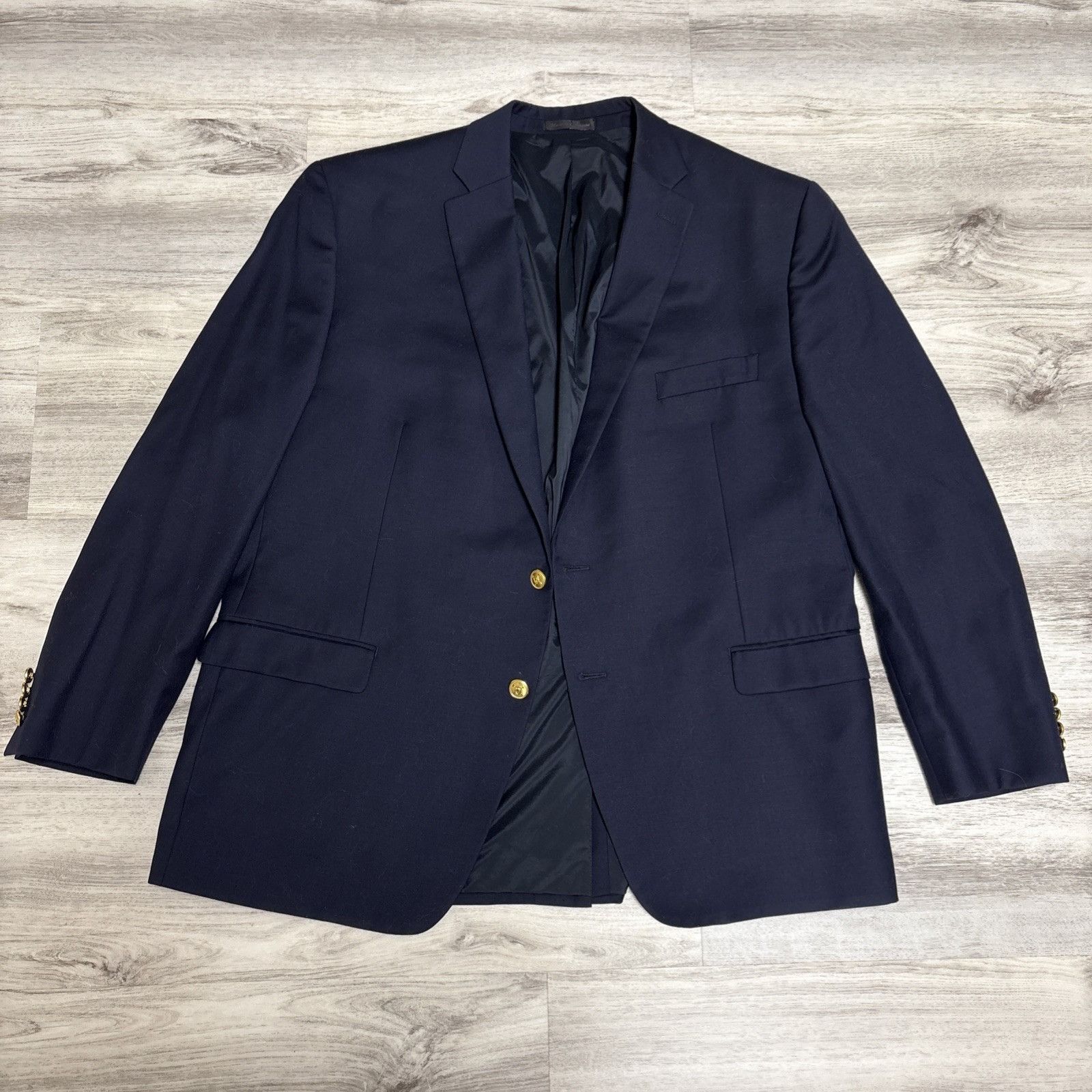 Ralph Lauren Gold Button Blue Wool Twill Blazer Mens 48R Spo