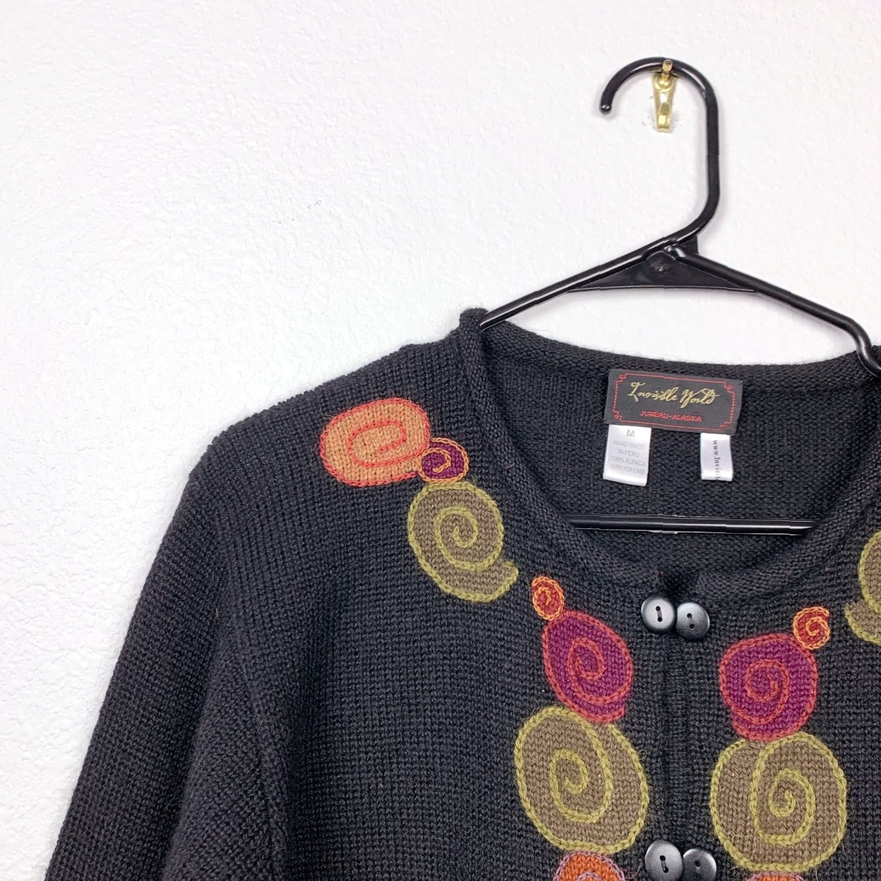Vintage Invisible World Sweater Cardigan Women M Black Alpaca Wool 100% Medium Size M / US 6-8 / IT 42-44 - 2 Thumbnail