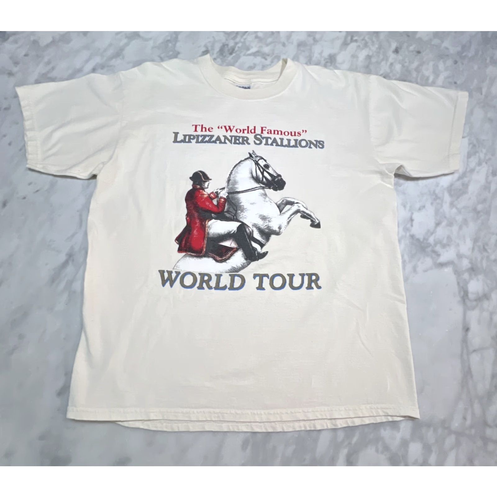 Gildan VINTAGE Lipizzaner Stallions World Tour T Shirt Men's Large Graphic Print Beige 90s Horse Gildan Ultra Cotton Size US L / EU 52-54 / 3 - 3 Thumbnail