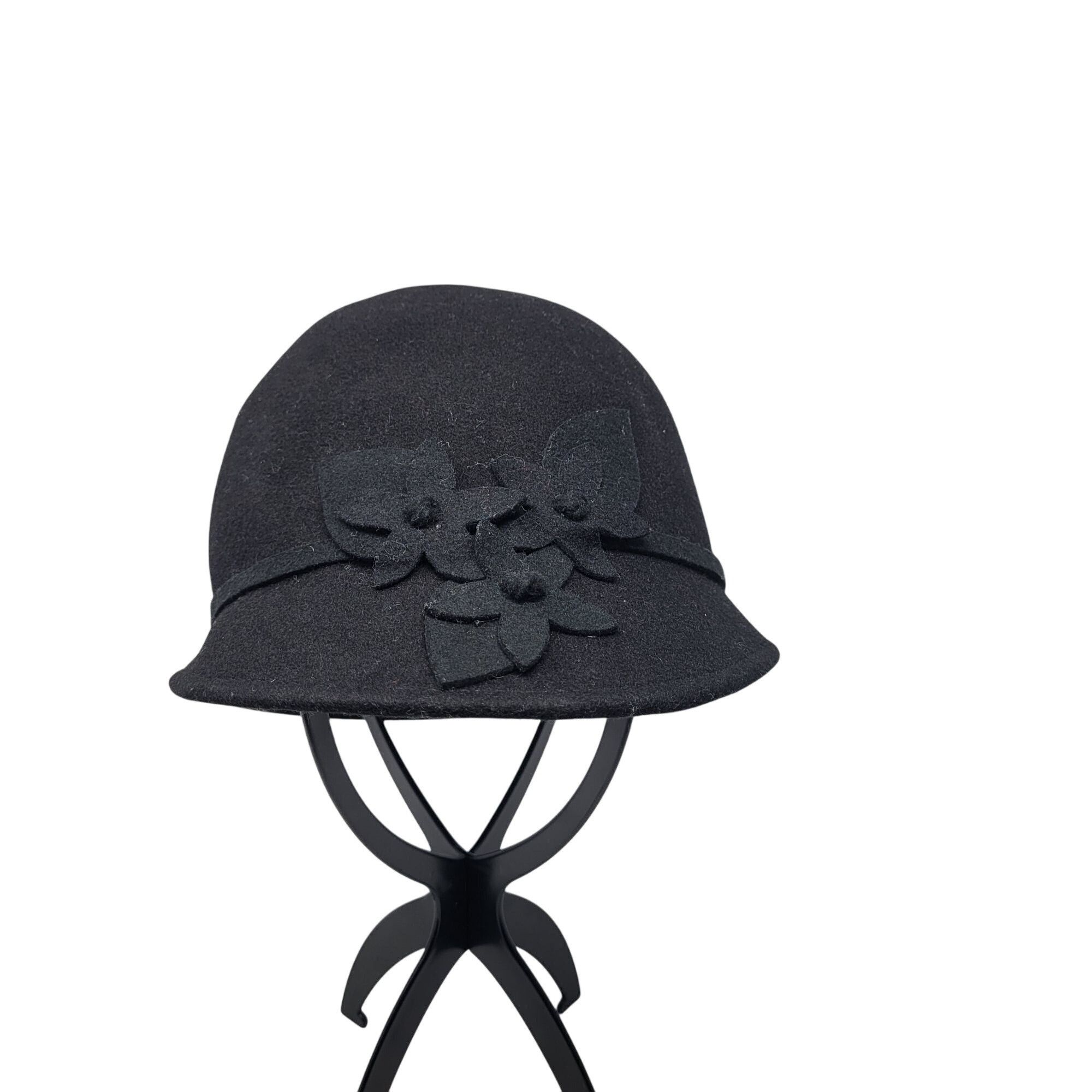 Designer Giovannio Womens Black Wool Felt Cloche Hat Ribbon Flower Bo Size ONE SIZE - 8 Thumbnail