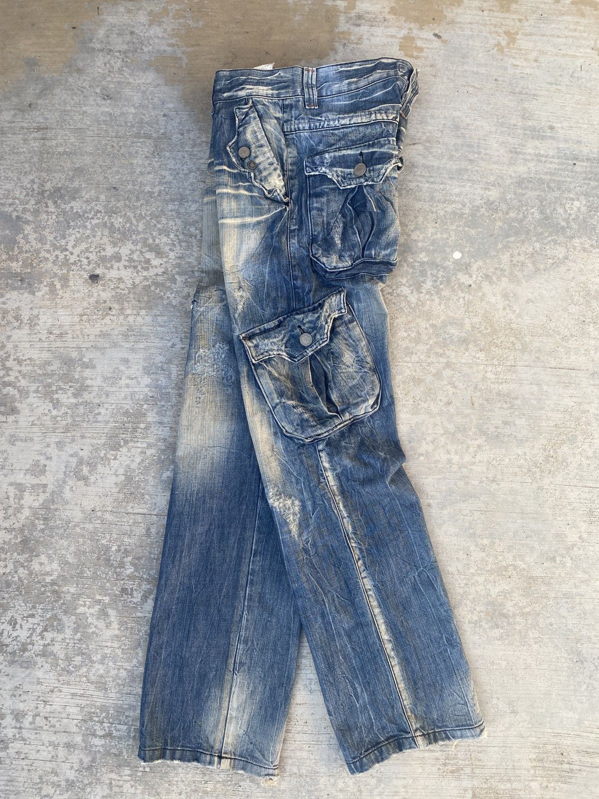 Japanese Brand Mosquito stone wash distressed cargo jeans Size US 32 / EU 48 - 3 Thumbnail