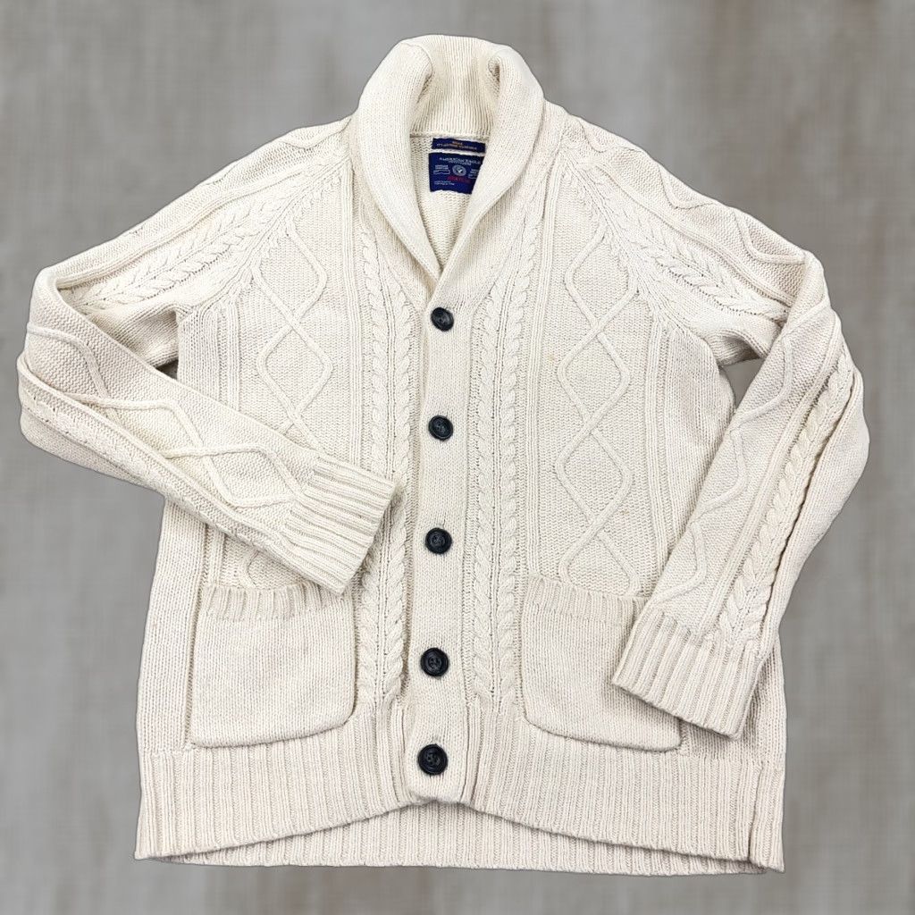 American Eagle Outfitters VINTAGE American Eagle Outfitters Cardigan Men L White Chunky Knit Geometric 80s Logo Classic Preppy Sweater Mens Size US L / EU 52-54 / 3 - 1 Thumbnail