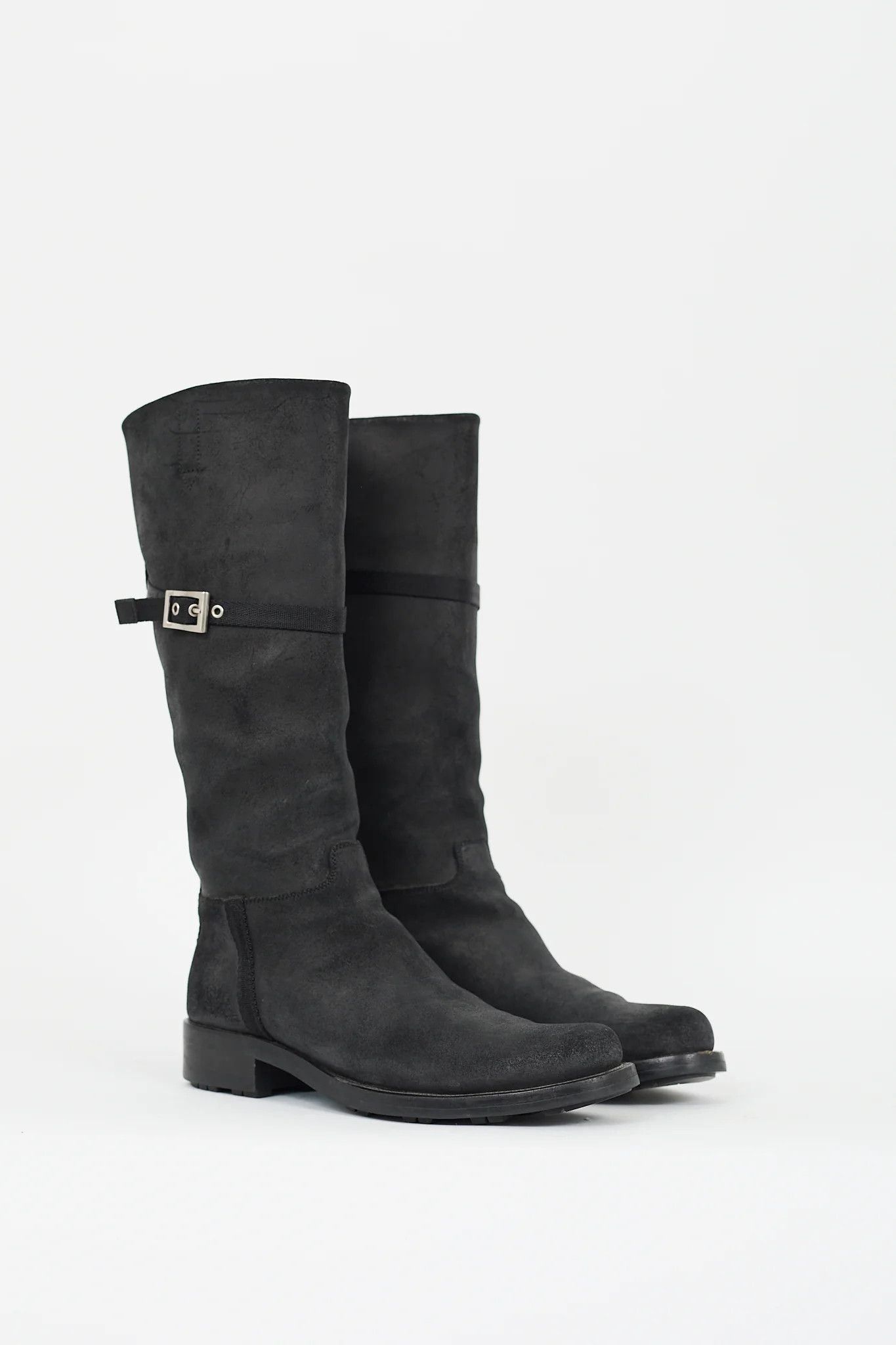 All Blacks x Leather Prada Boots Black Aged Leather Buckle Shoes, Women's (Size 6)