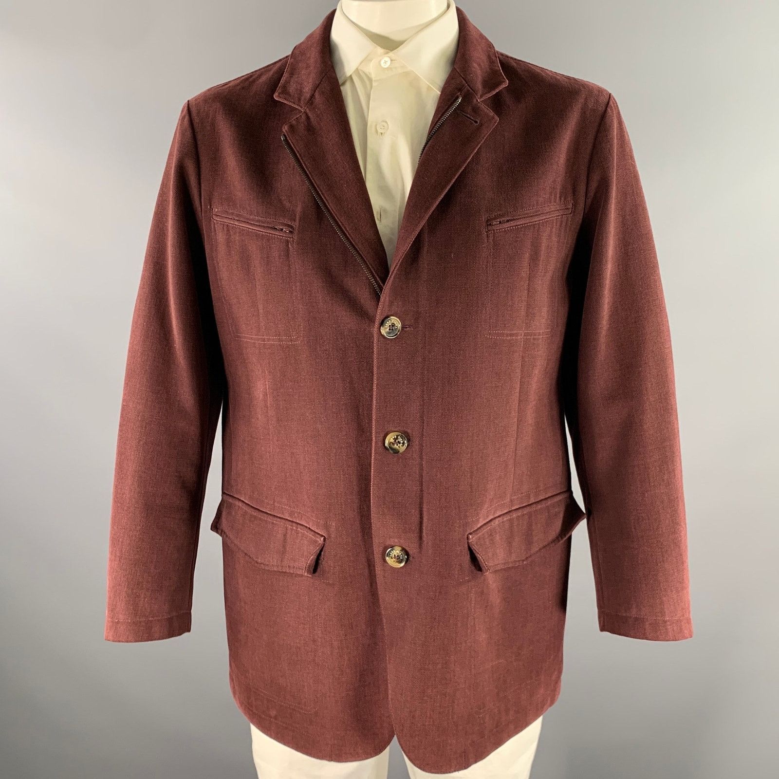 Loro Piana LORO PIANA Size XL Burgundy Cotton Zip Up Jacket Size US XL / EU 56 / 4 - 1 Thumbnail
