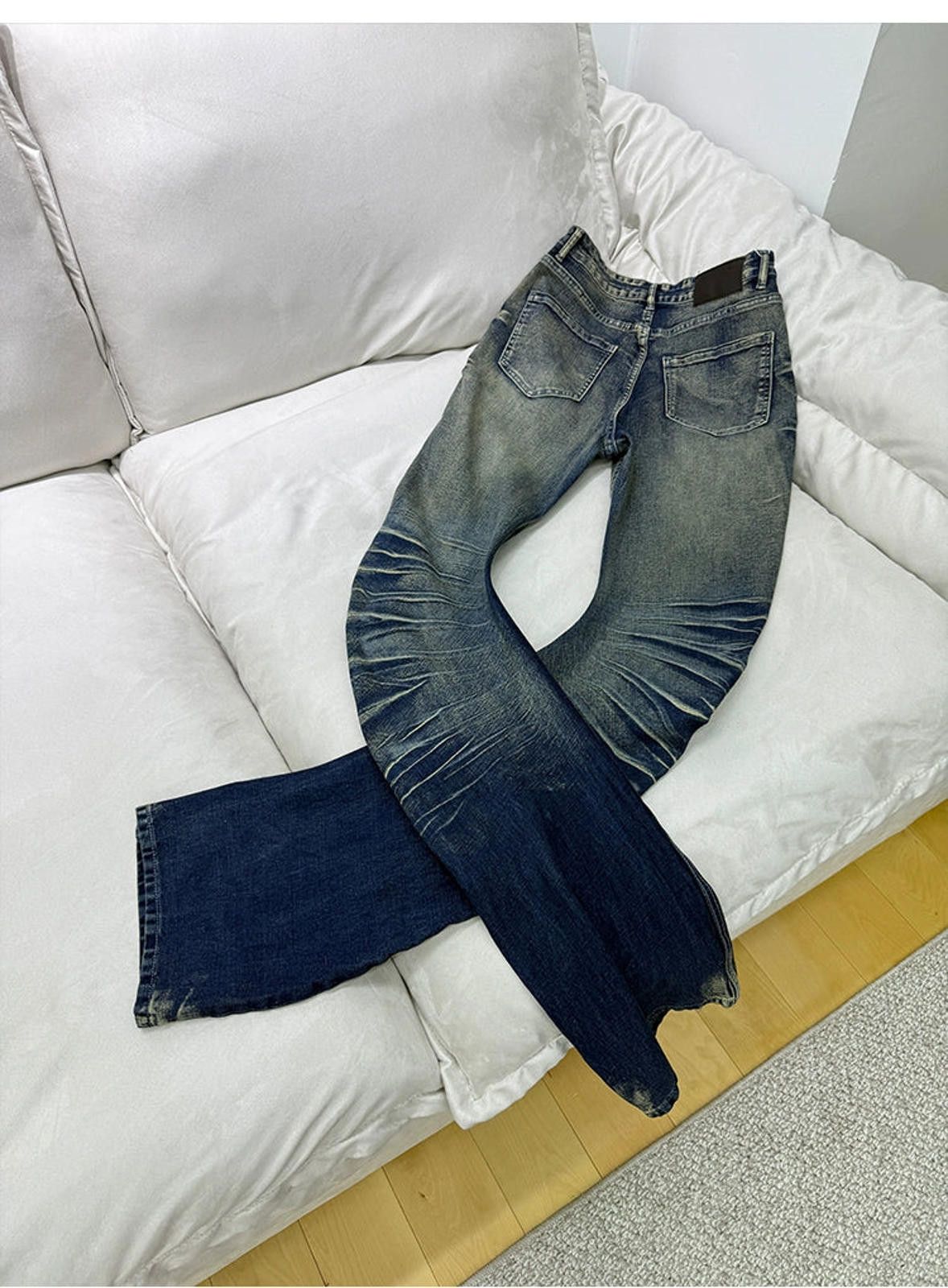 Vintage Blue Slim Fit Button-Fly Jeans, Ruched Detail Denim Pants Size US 32 / EU 48 - 6 Thumbnail