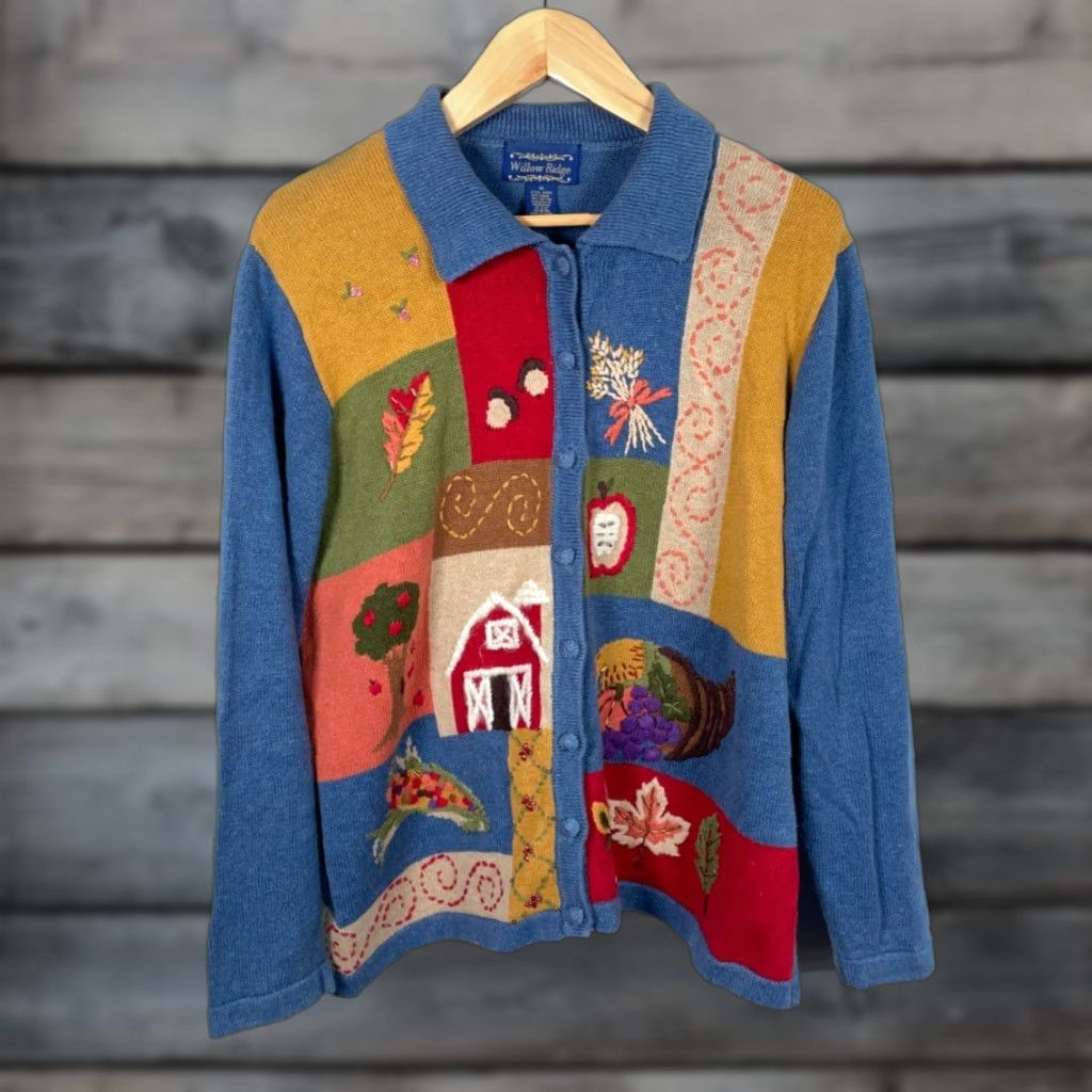 Vintage VINTAGE Willow Ridge Cardigan Women's 1X Blue Autumn Motif Embroidered Knit Sweater 90s Teacher Content: Casual Size XL / US 12-14 / IT 48-50 - 1 Thumbnail