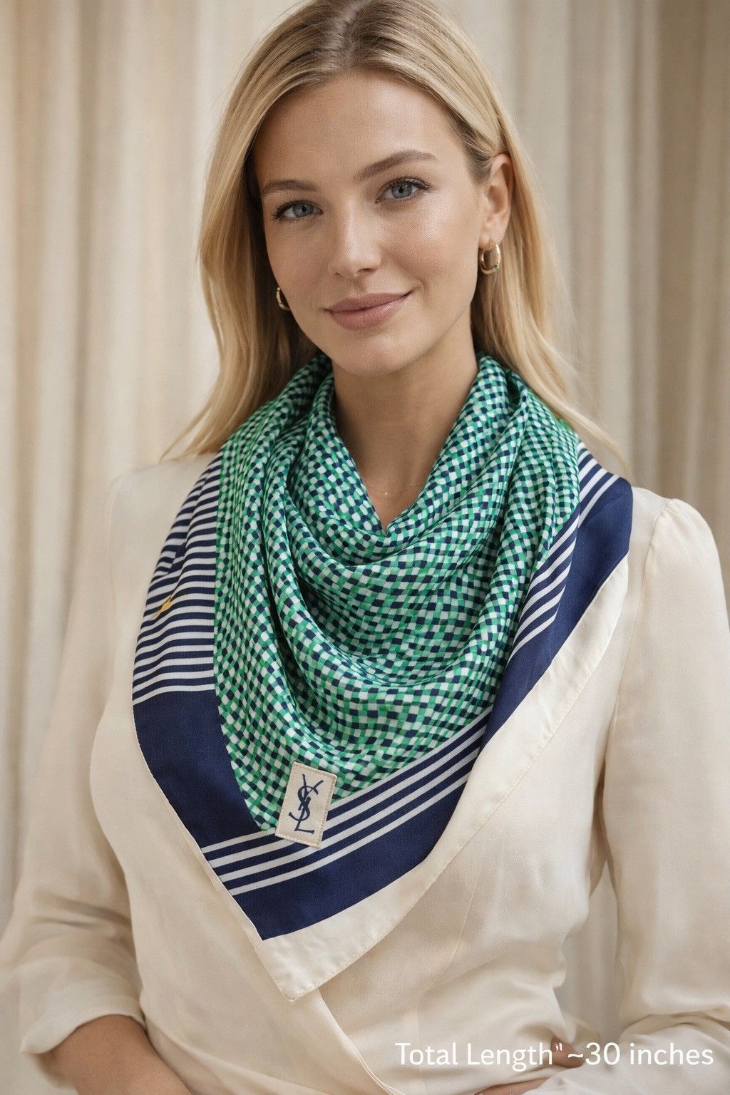 Yves Saint Laurent Vintage YSL Silk Scarf 33x33 Green Blue Check Stripe Size ONE SIZE - 1 Thumbnail